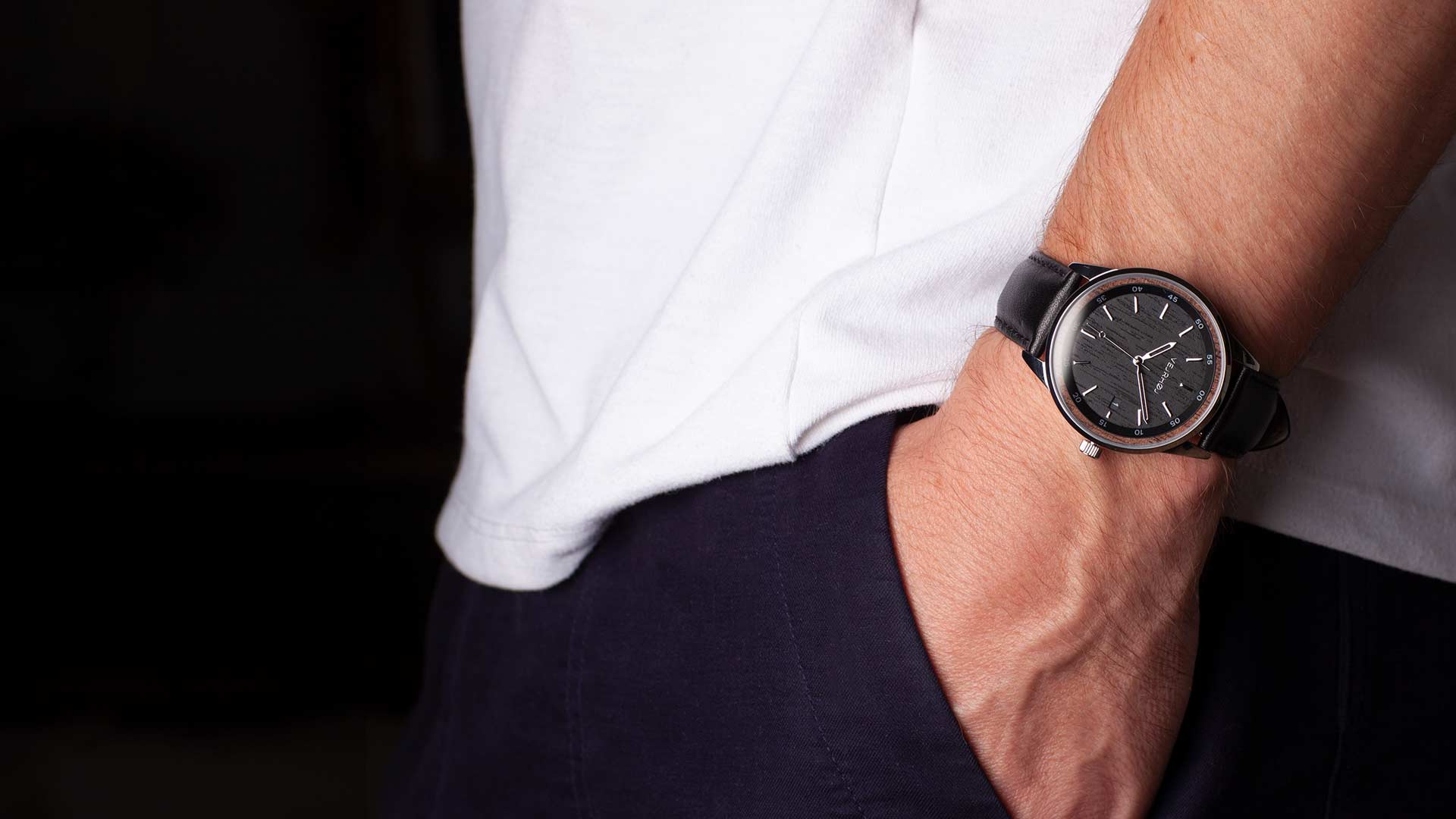 A05 black wood watch VEJRHØJ wrist shot