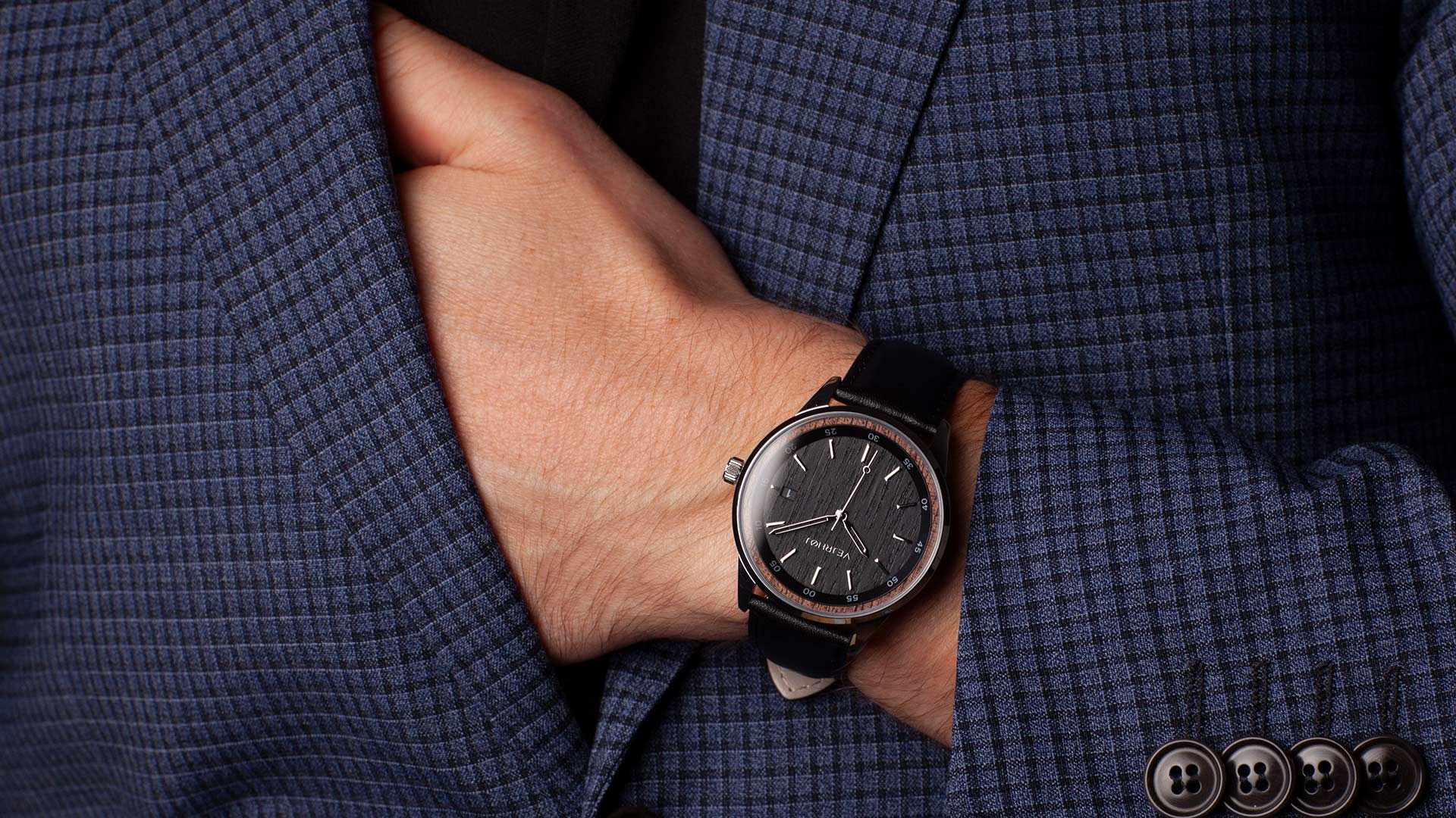 A05 black wood watch VEJRHØJ wrist shot