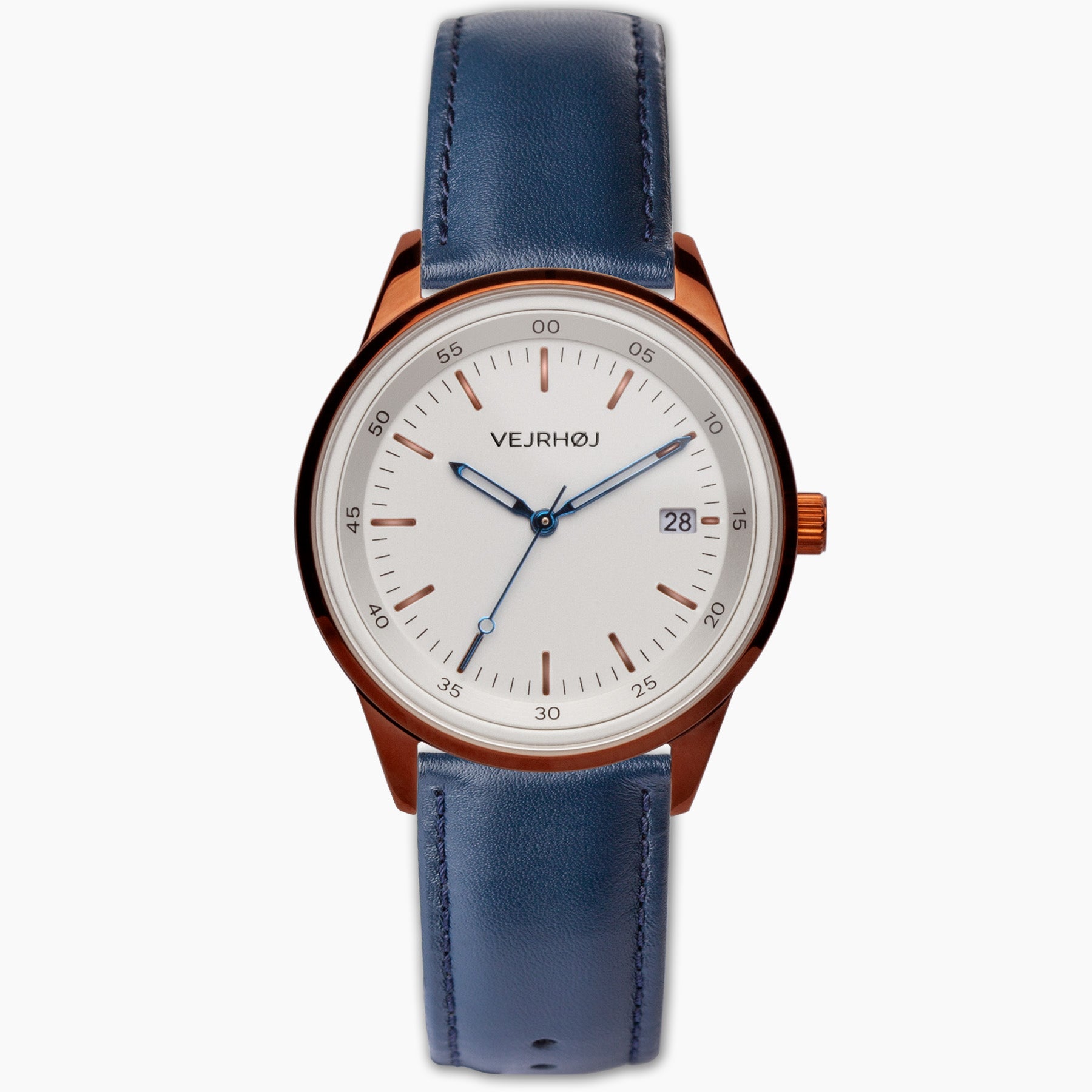A06 from Scandinavian brand VEJRHØJ, a watch with elegant blue strap and contrasting white dial