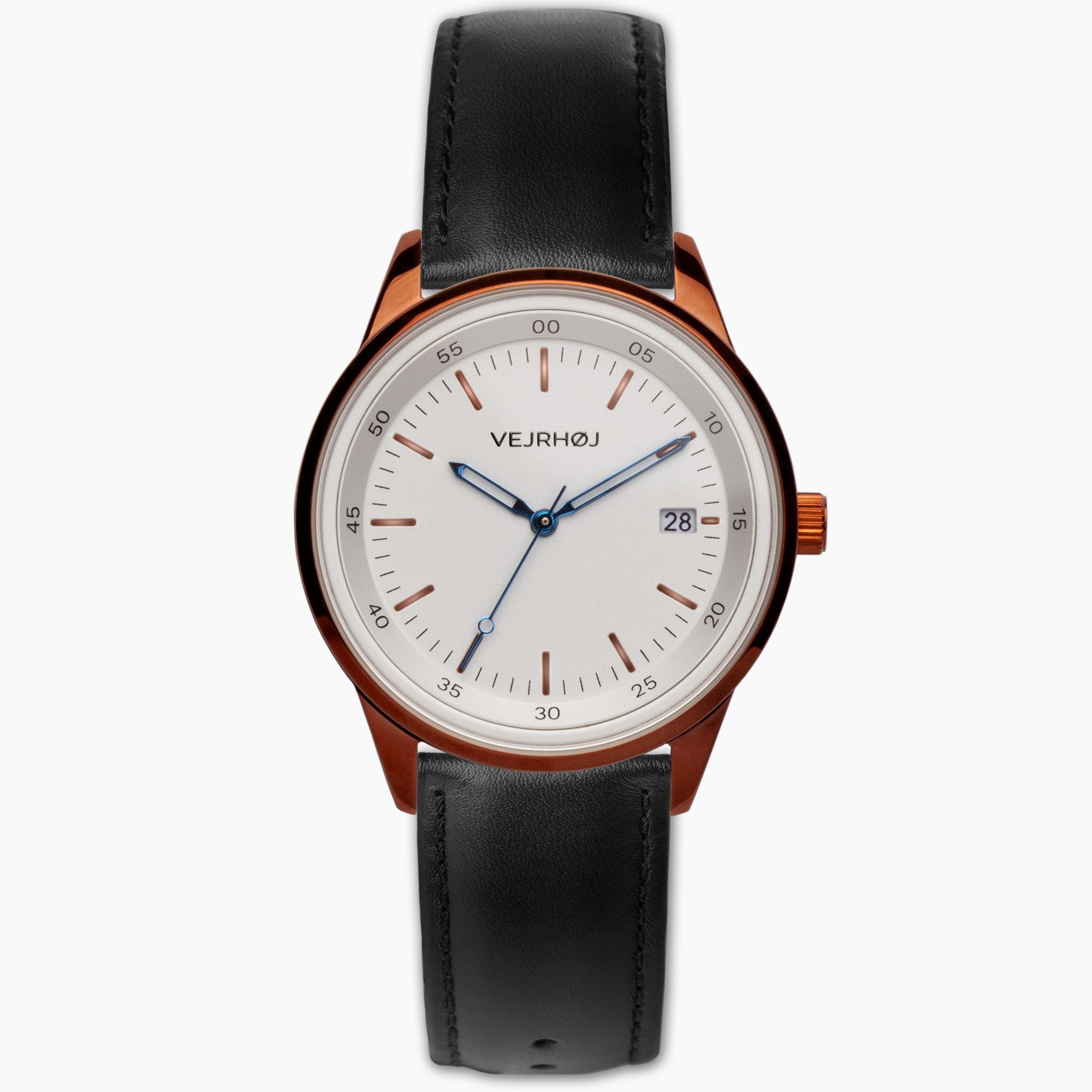 VEJRHØJ A06, Scandinavian minimalist design watch with black leather strap and white dial