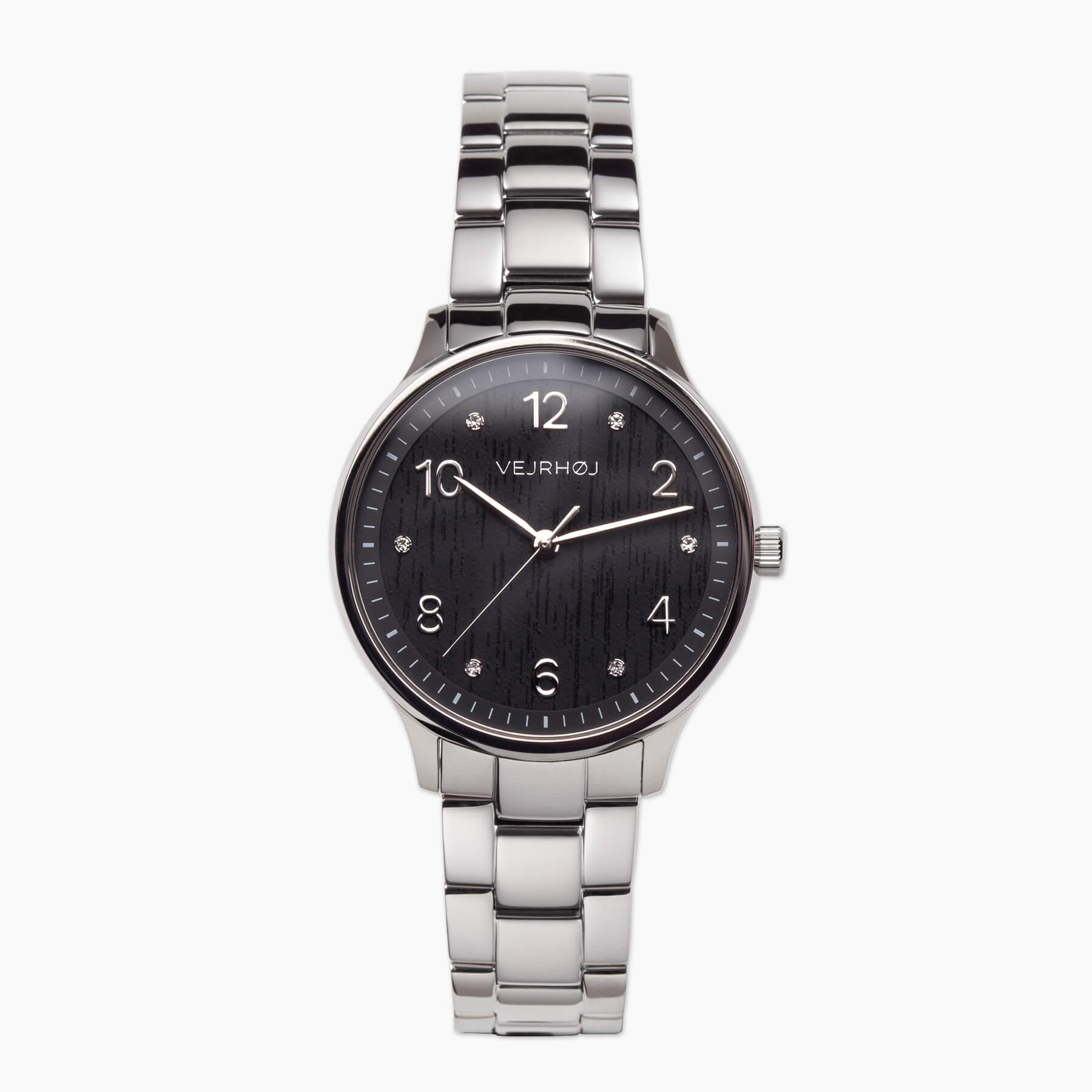 Vejrhøj Petite Royal Black, ladies' watch with black wood-grain dial and silver bracelet with six sparkling stones
