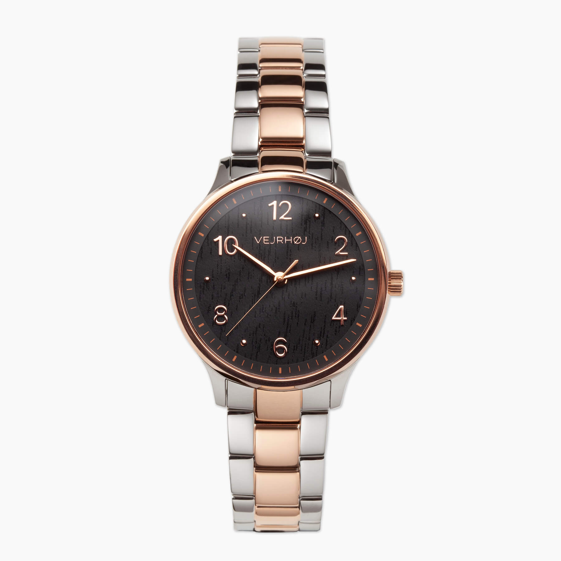 VEJRHØJ's Petite Royal Black Rose, a striking watch with a rose gold and silver two-tone bracelet and black wood face