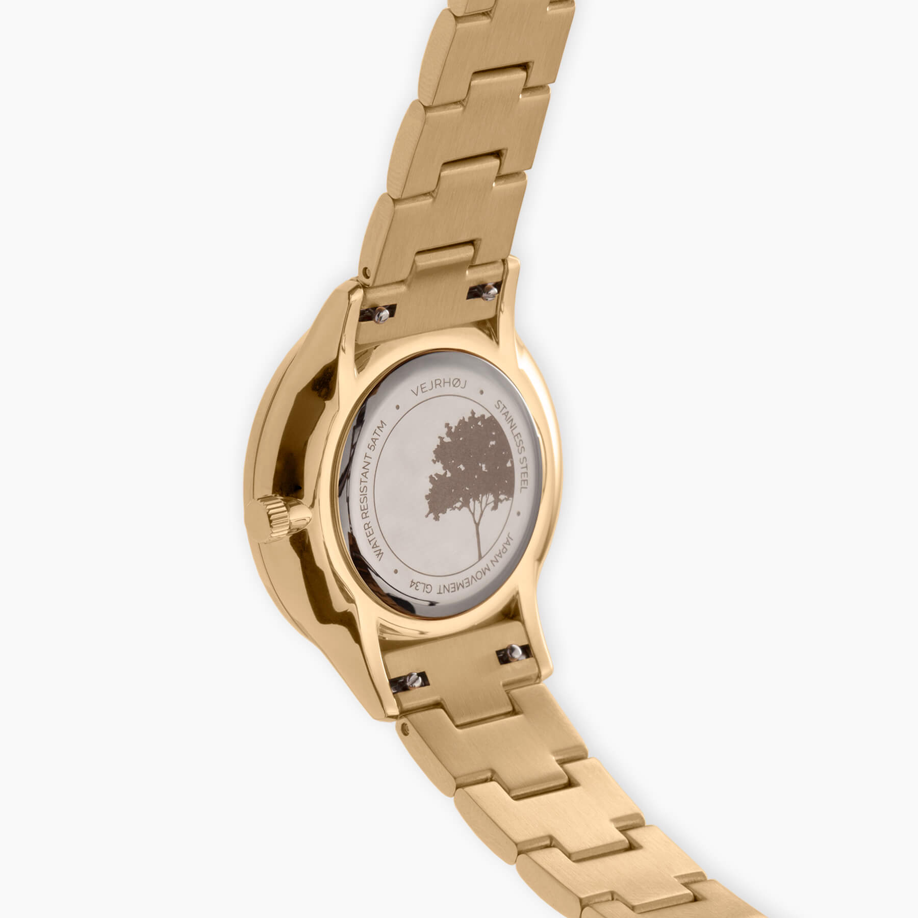 Petite Royal Blue back, stainless steel caseback with engraved illustration of VEJRHØJ's iconic tree and metal band