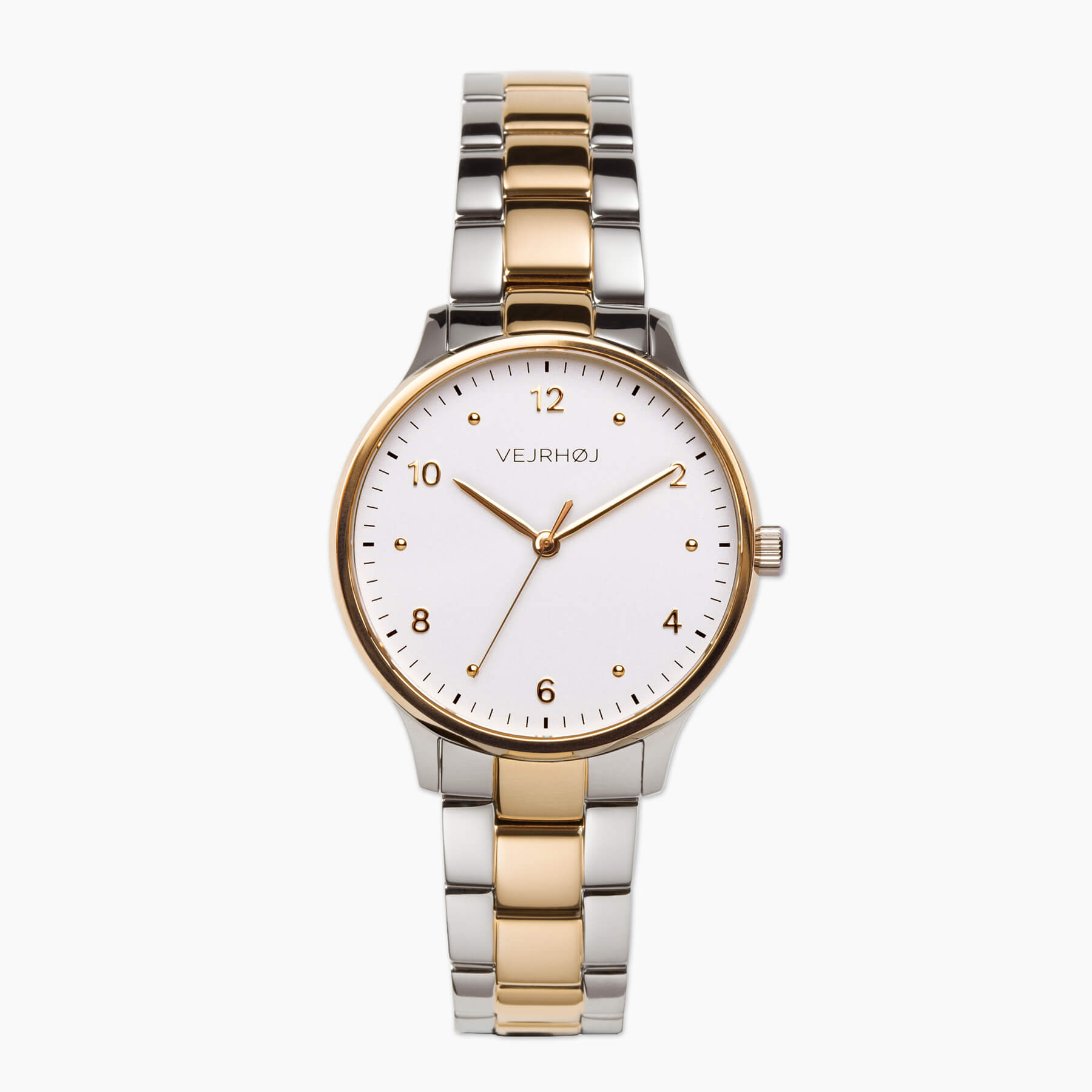 VEJRHØJ Petite Royal Gold, Scandinavian minimalist design watch with white dial and silver and gold two-color bracelet