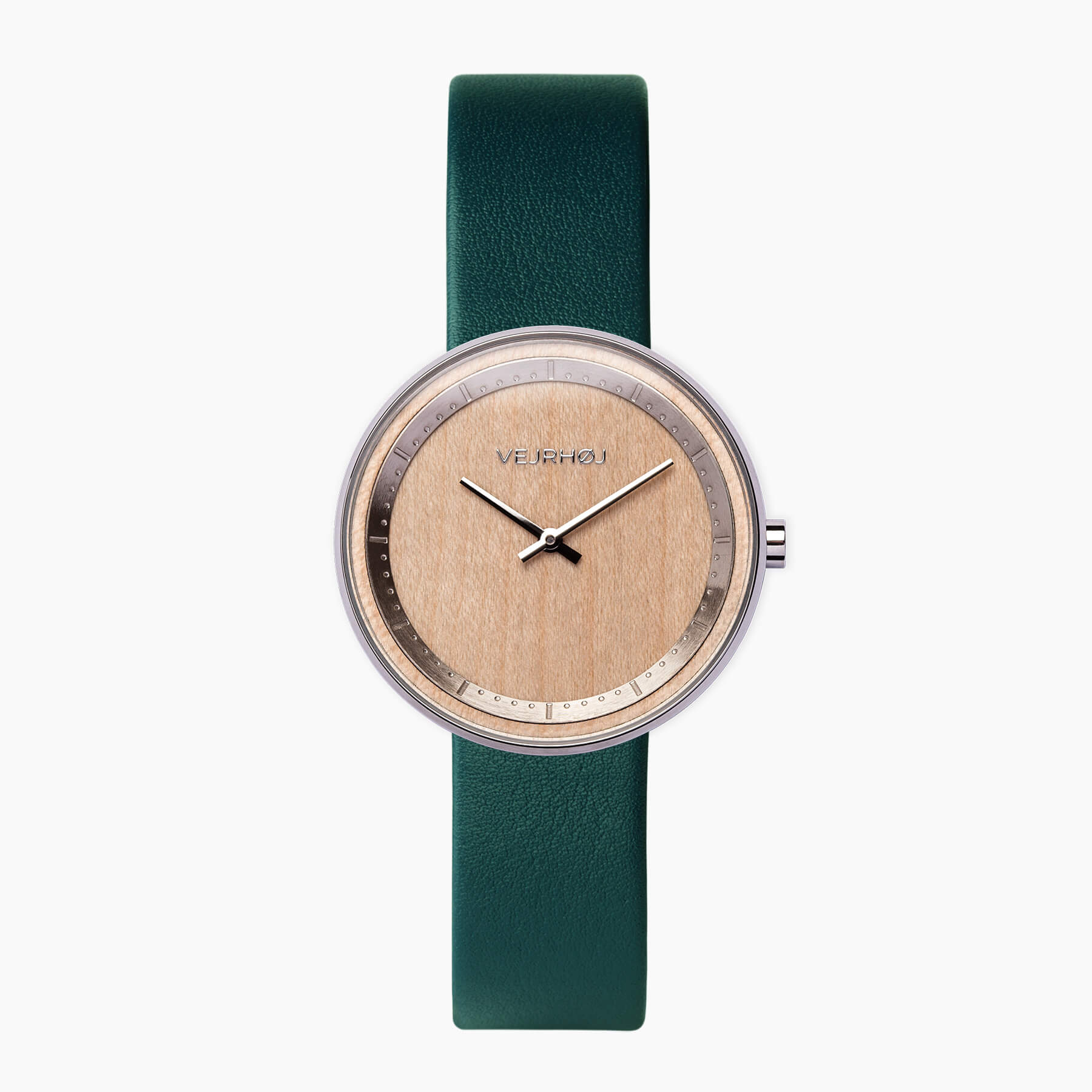 Wooden watch with silver casing and green straps