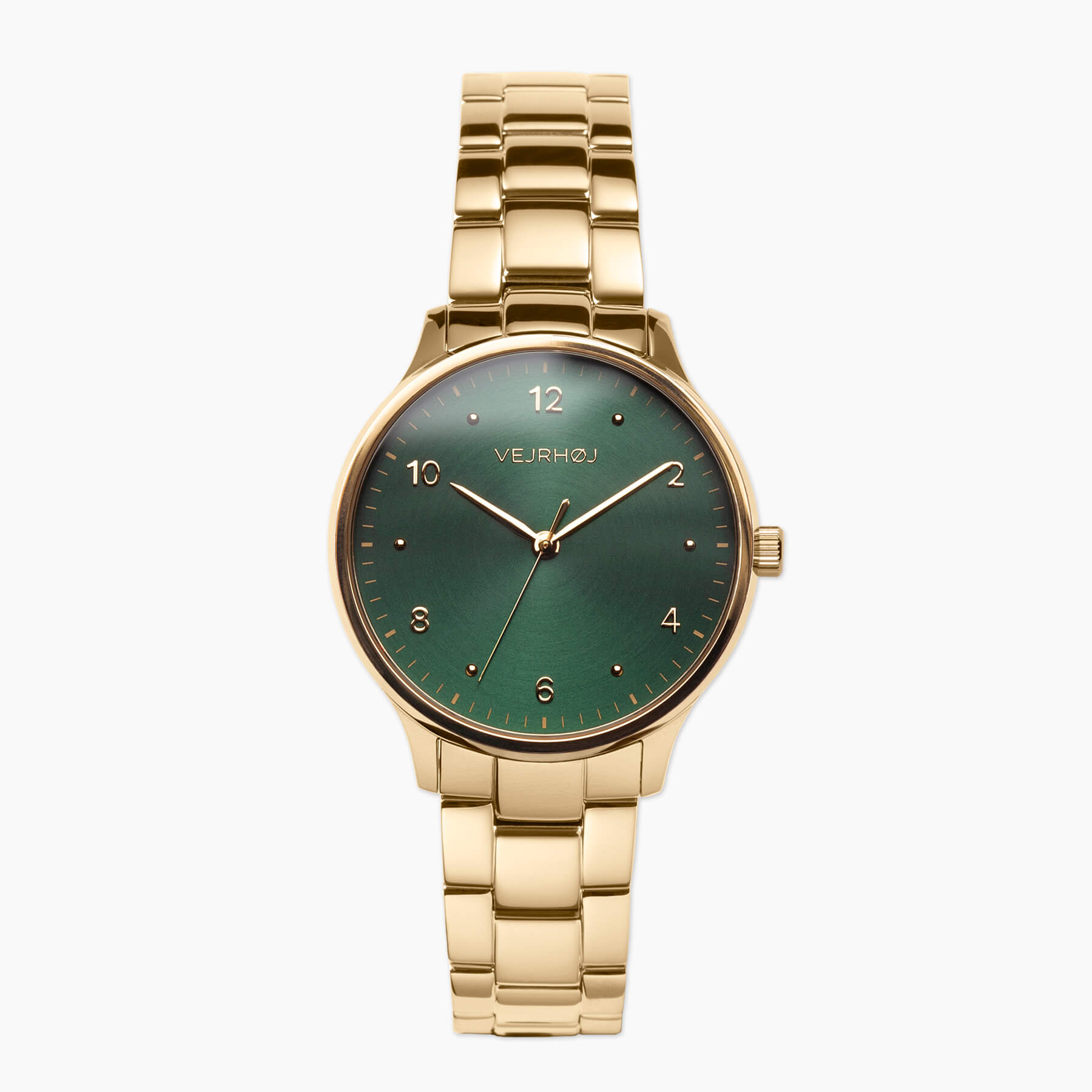 VEJRHØJ Petite Royal Green, Scandinavian design watch with circular finished green dial and gold stainless steel bracelet