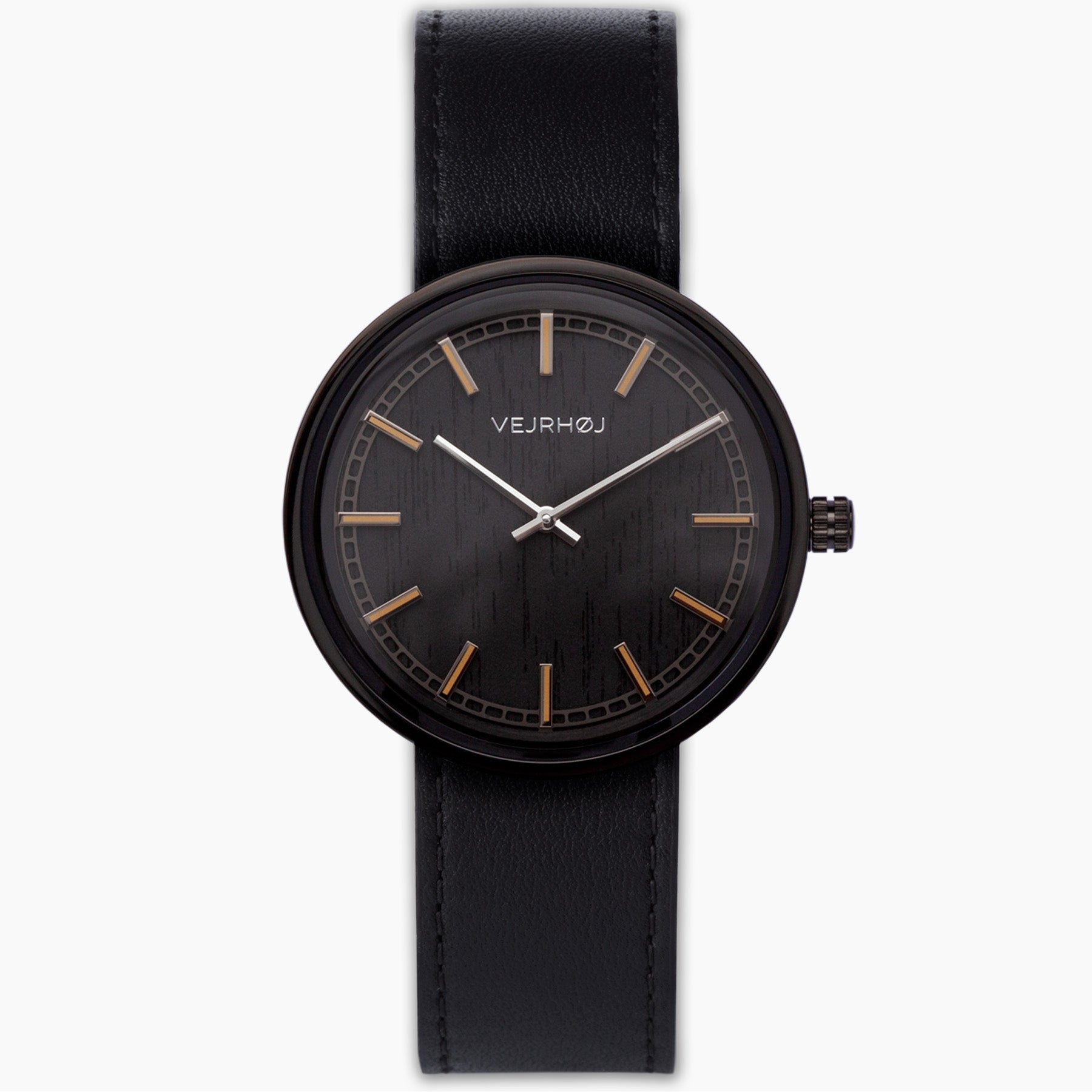 VEJRHØJ wristwatch, NORDIC NOIR, with an elegant design featuring a black dial and a black leather band.