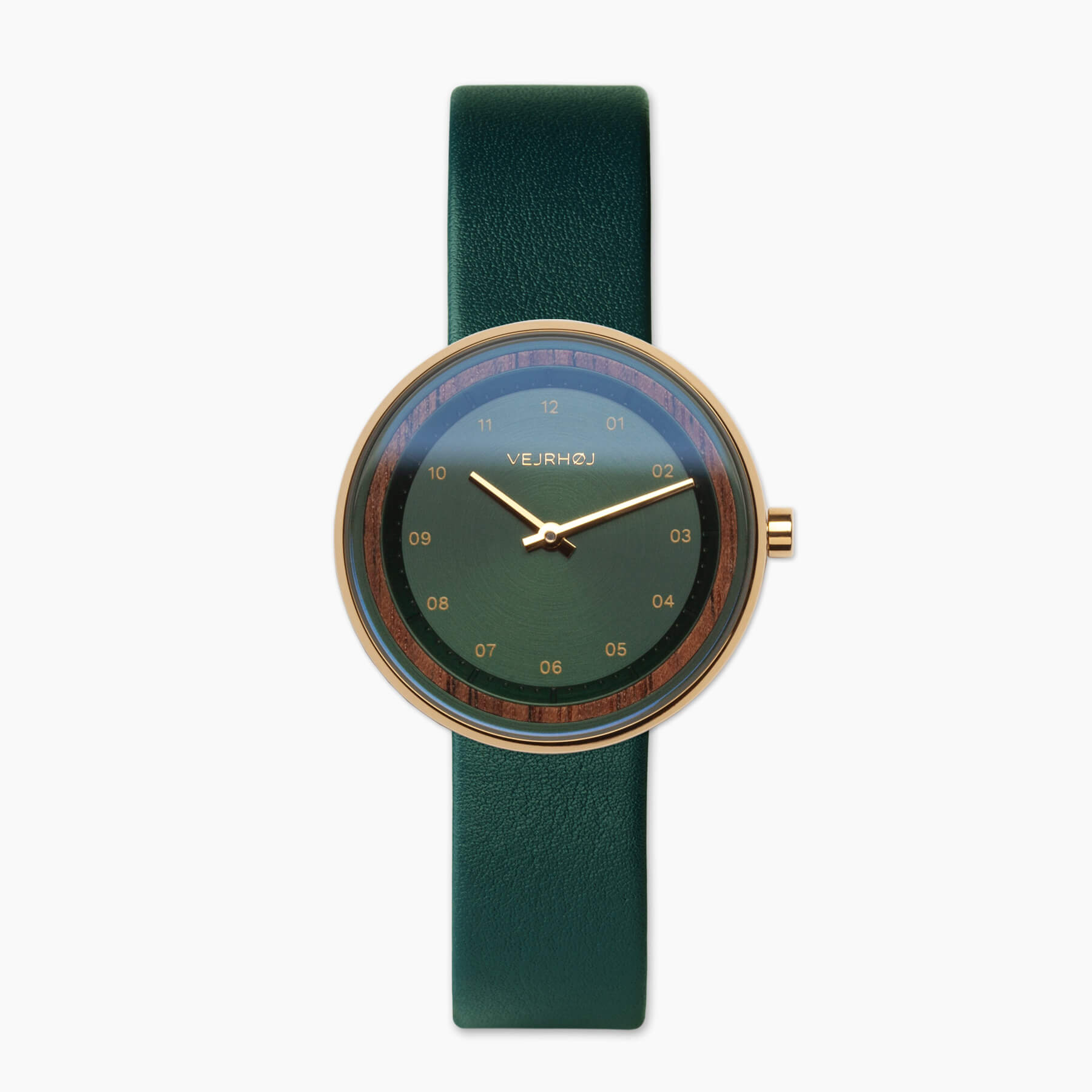 VEJRHØJ green and gold women's watch with a green leather strap and golden hour markings