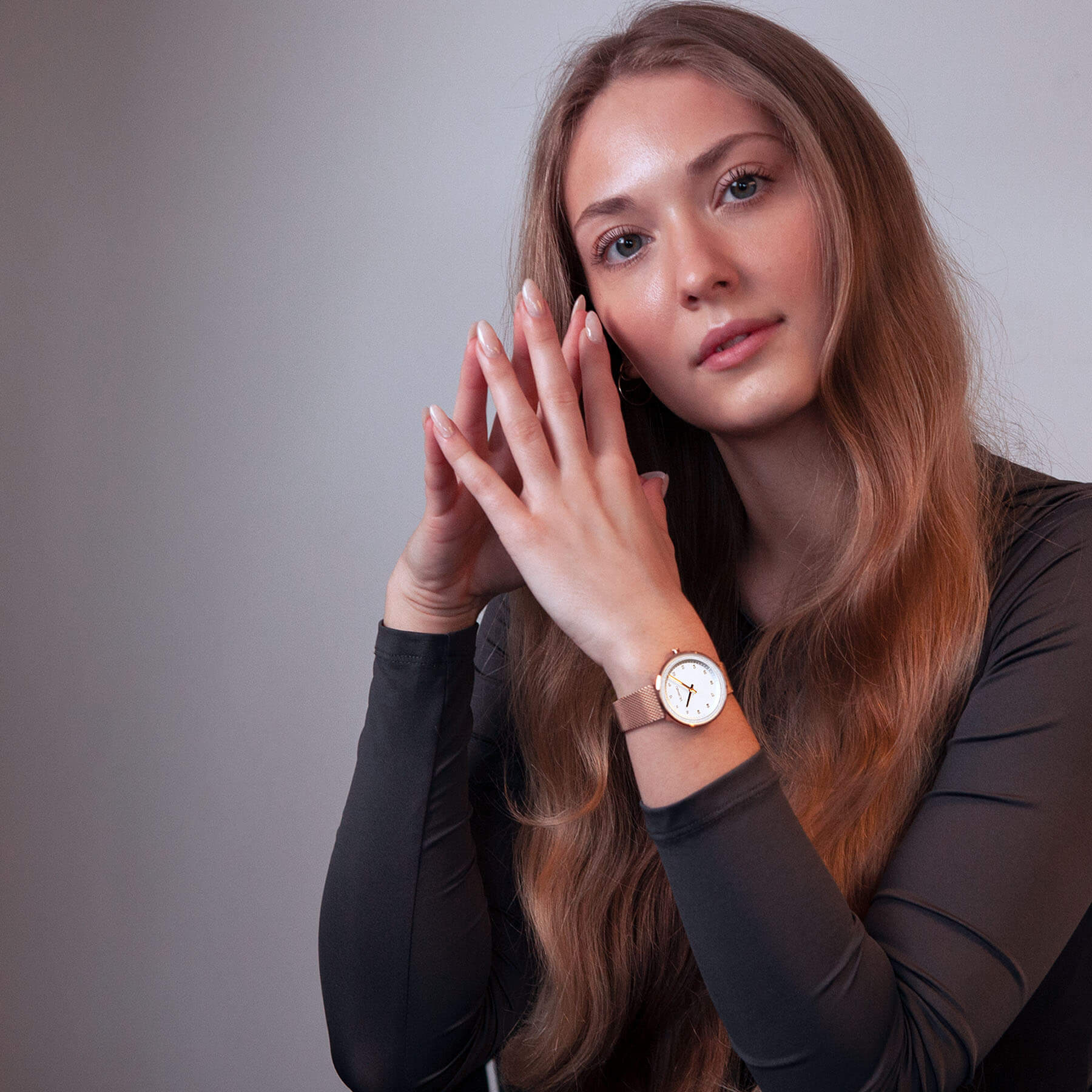 Petite Arctic mesh ladies watch, white natural poplar tree on white sandblasted dial.
