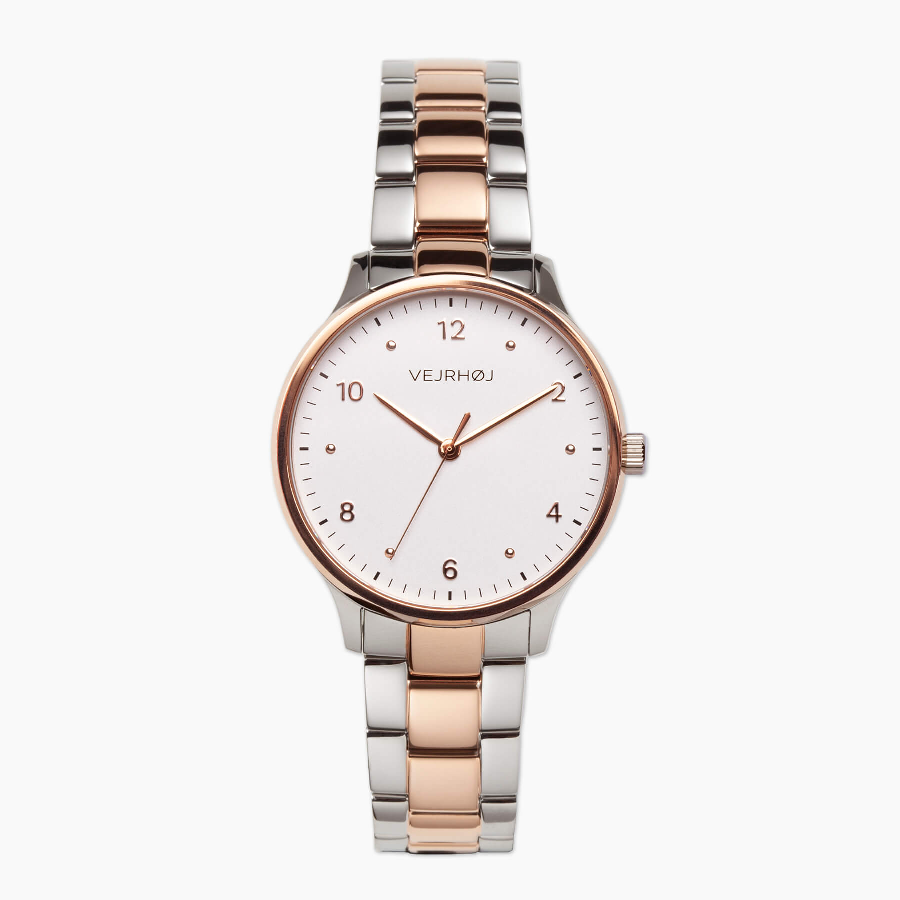 Vejrhøj's Petite Royal Rose, a beautiful ladies' watch with white dial and rose gold and silver two-tone bracelet