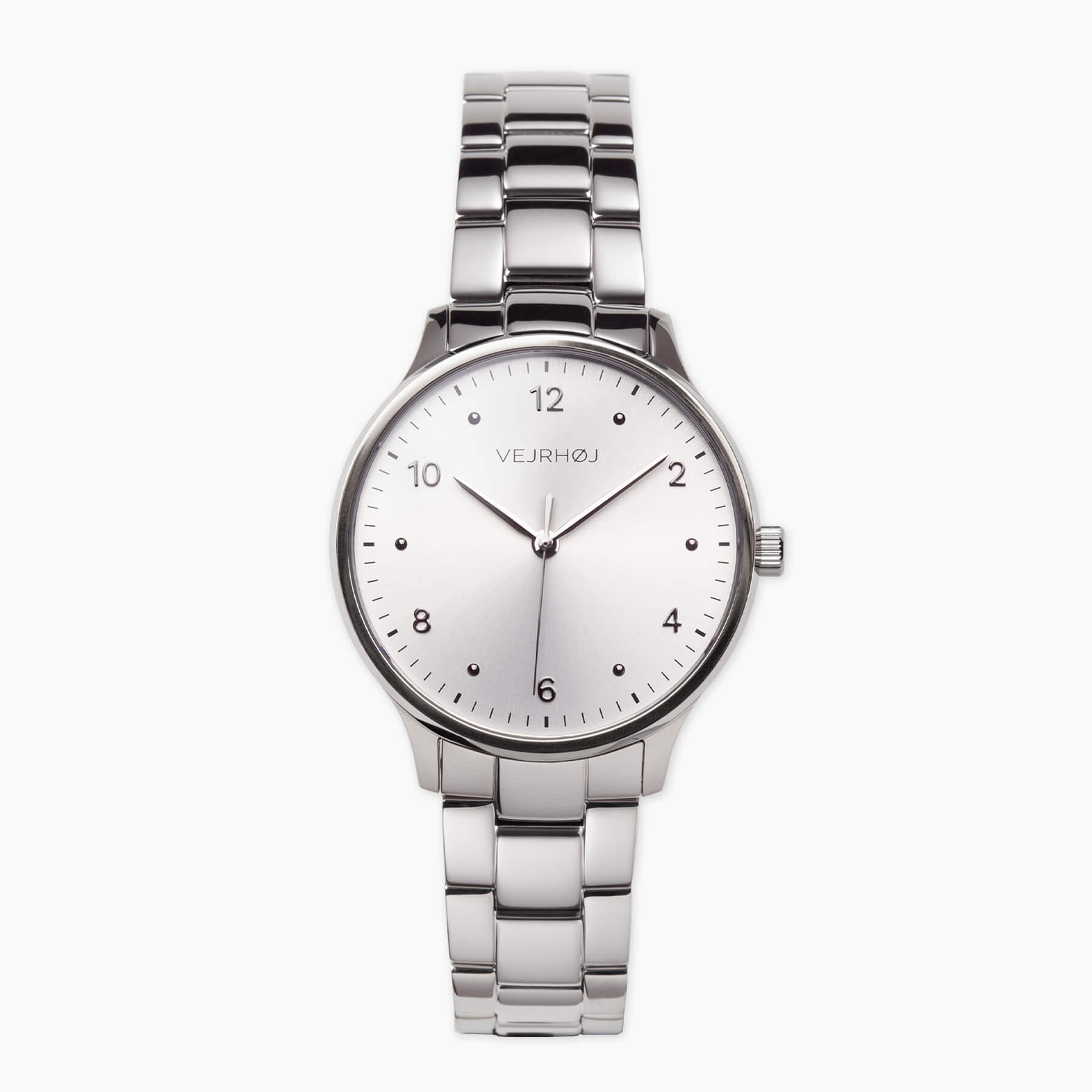 VEJRHØJ Petite Royal Silver, Scandinavian design watch with sunray-finished silver dial and stainless steel bracelet