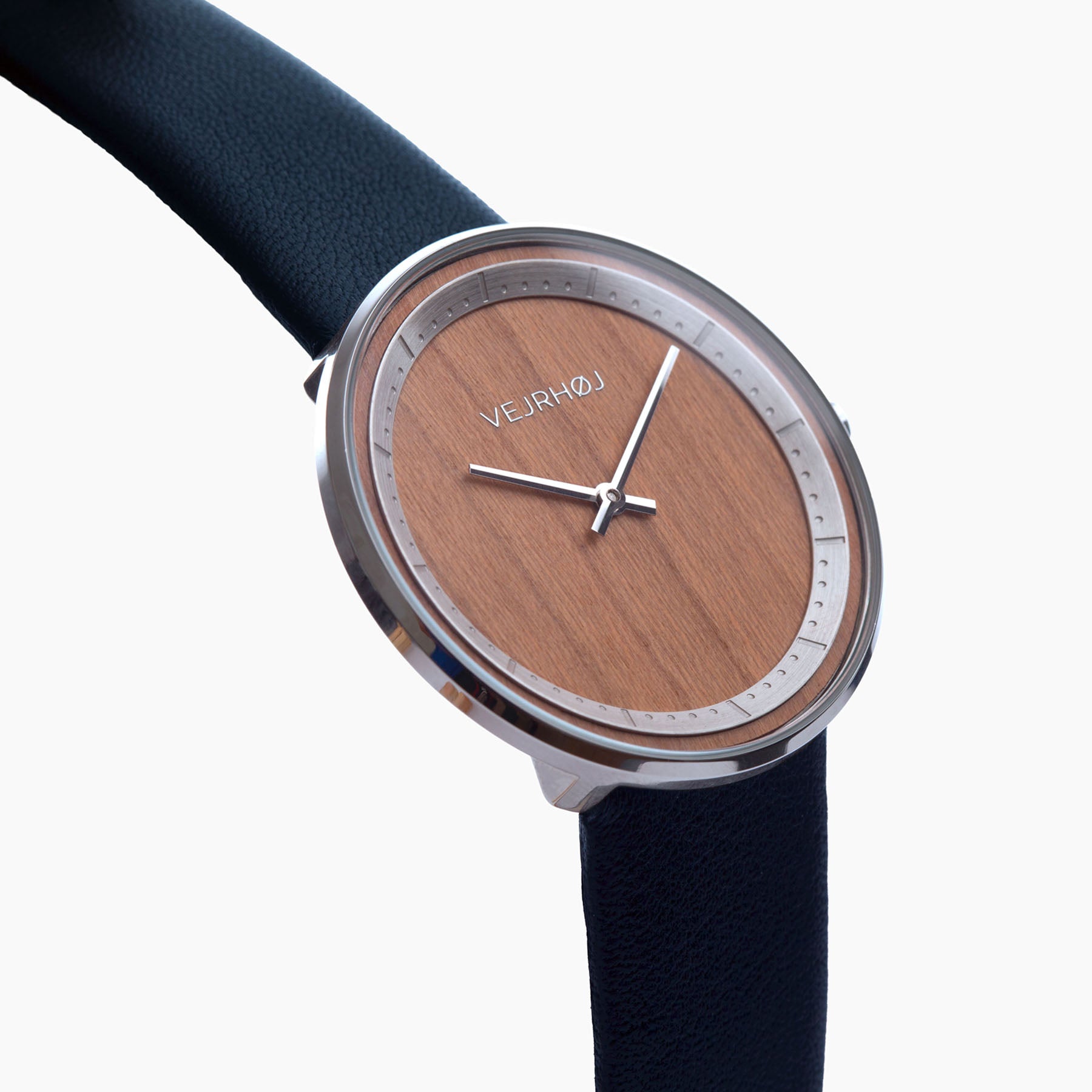 Wooden watch with silver hands and blue straps