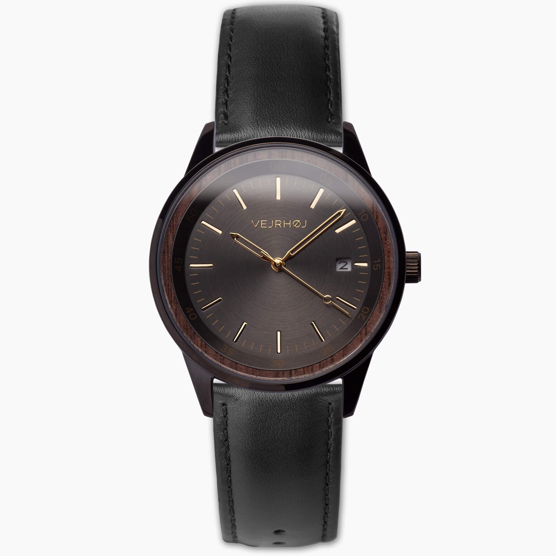 Black automatic watch with golden hands and the VEJRHØJ logo