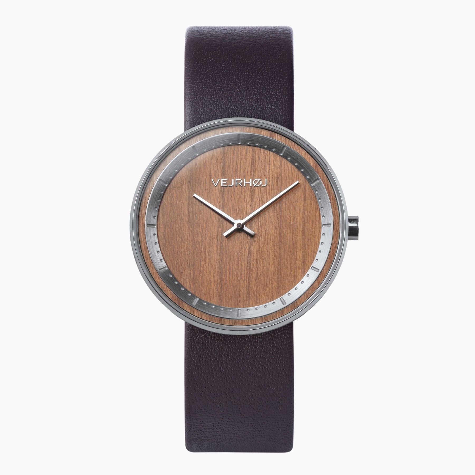 wood watch with brown leather strap VEJRHØJ