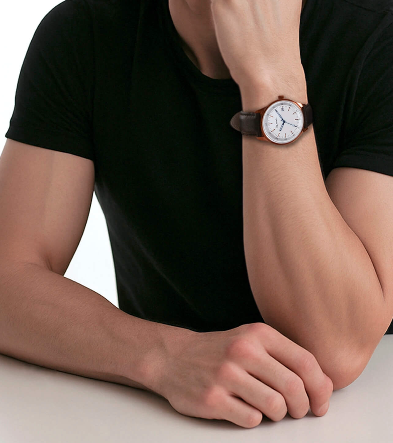 The A06 model of Vejrhøj being worn on the wrist. The white metal is the distinctive feature of this watch.