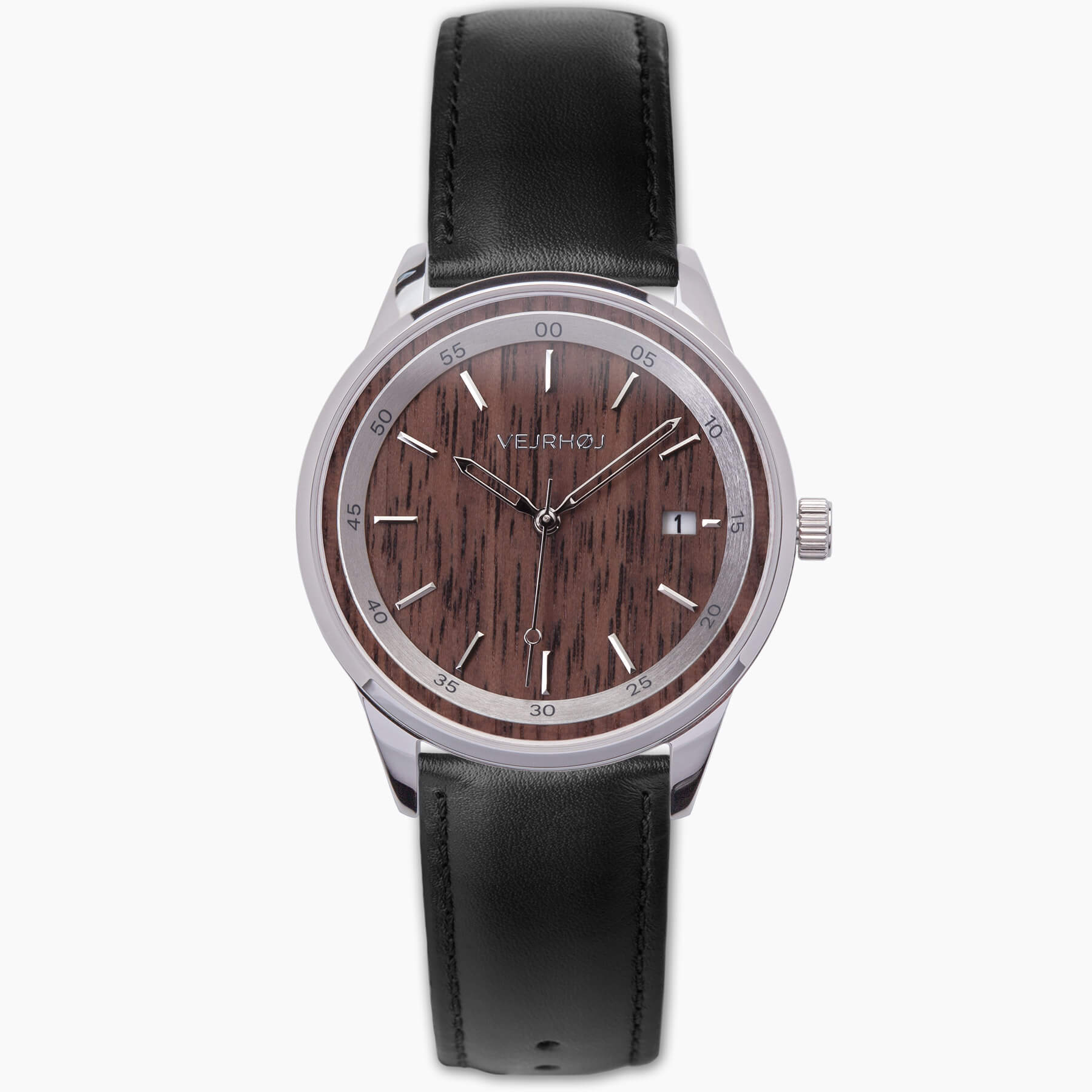 Brown automatic wrist watch with black straps and a dial of natural walnut wood with silver hands
