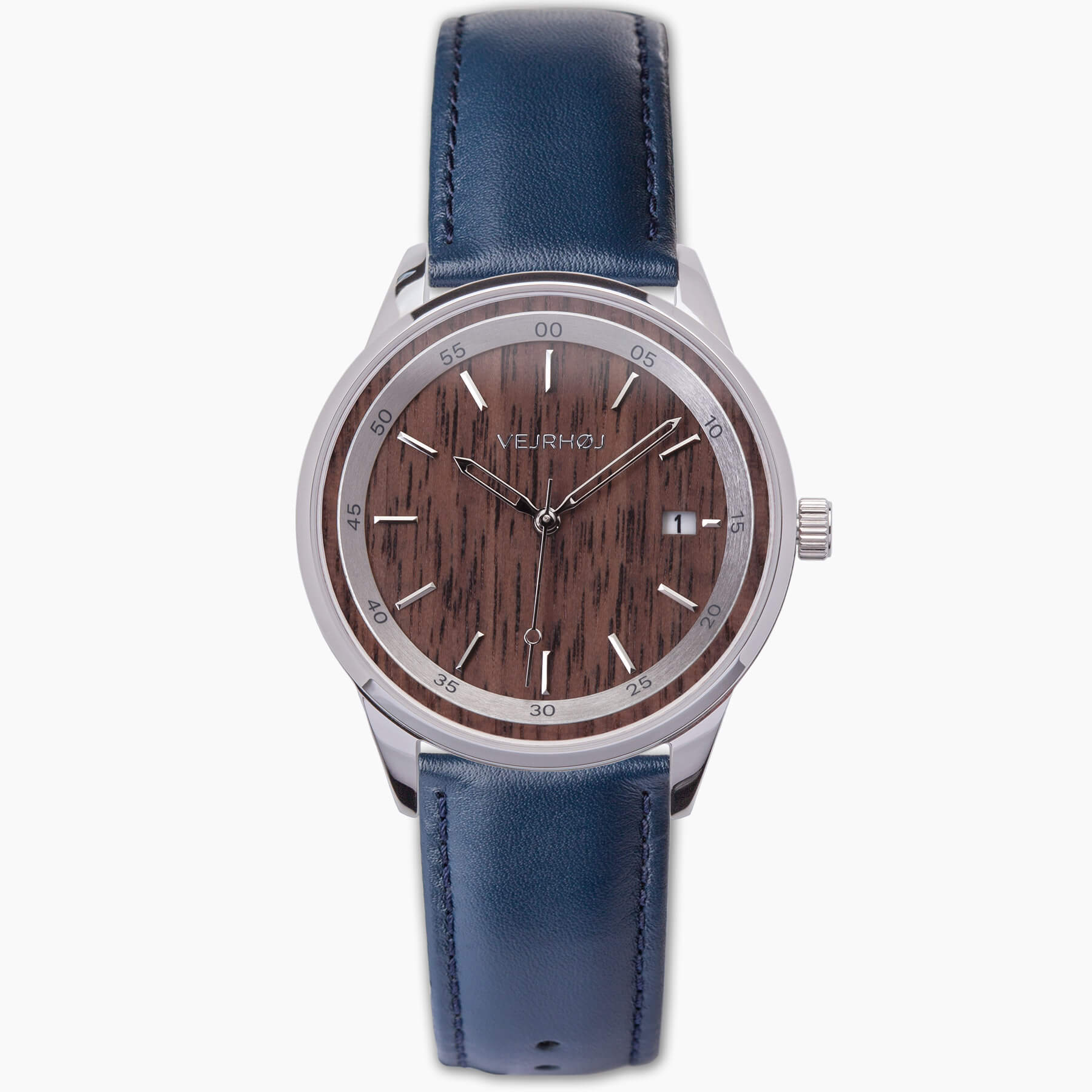 Brown automatic wrist watch with silver hands and blue straps