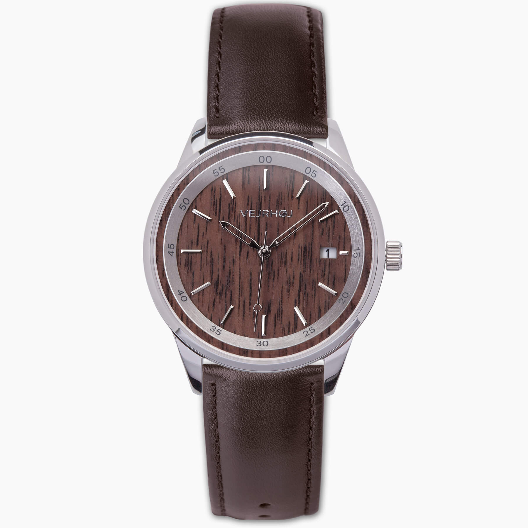 the brown automatic wrist watch from VEJRHOJ that features a combination of natural walnut wood and stainless steel casing
