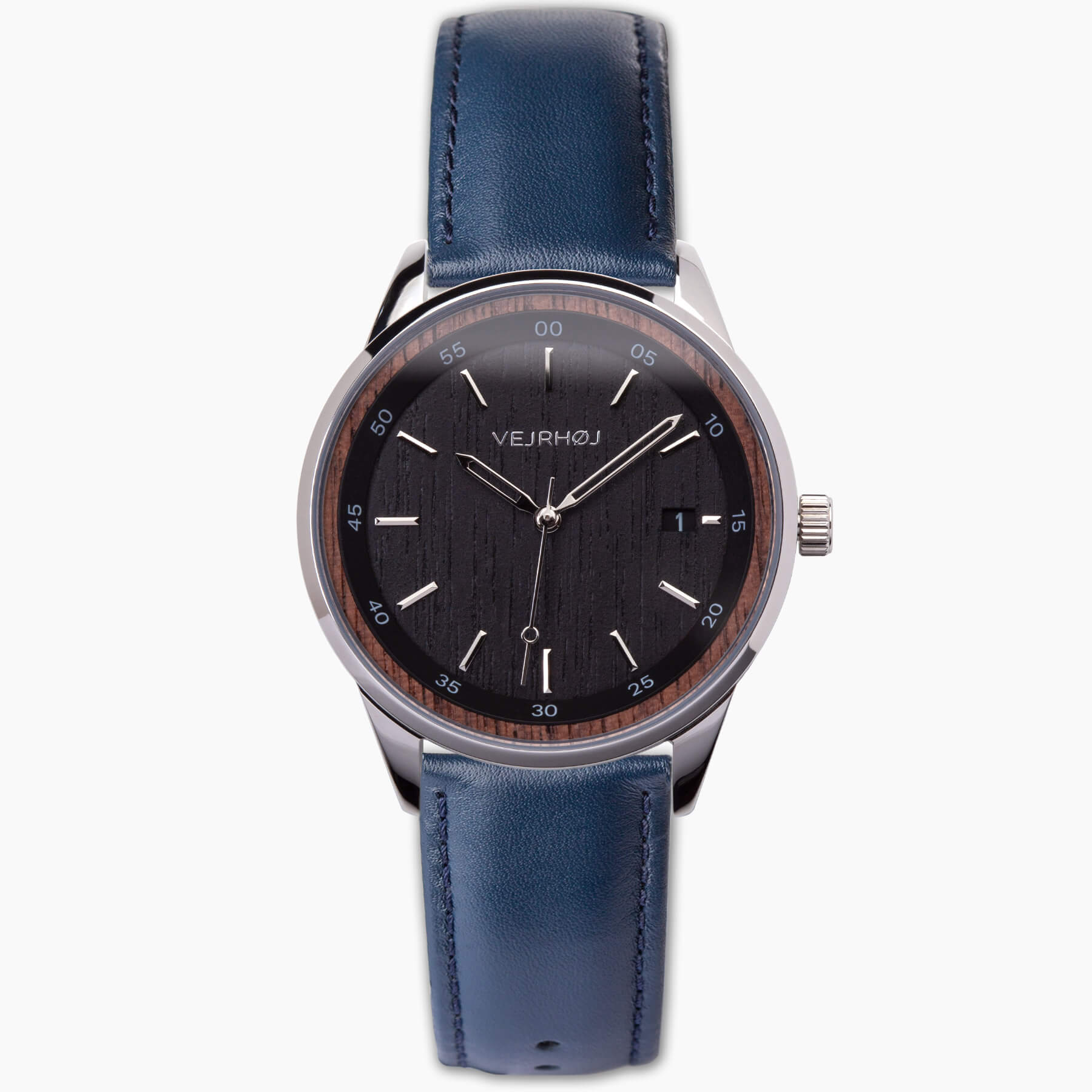 black stained automatic watch from Vejrhøj featuring blue straps, black dial and silver markings