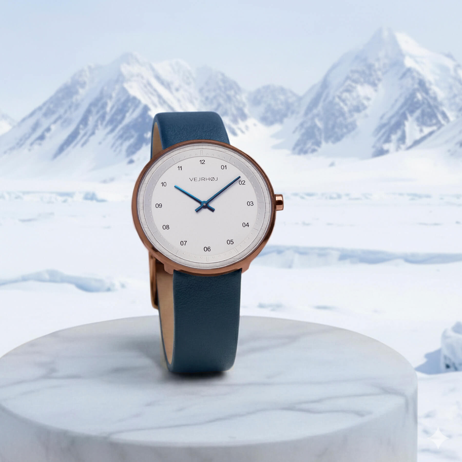 men's white & bronze watch with blue hands. ARCTIC by VEJRHØJ watches 