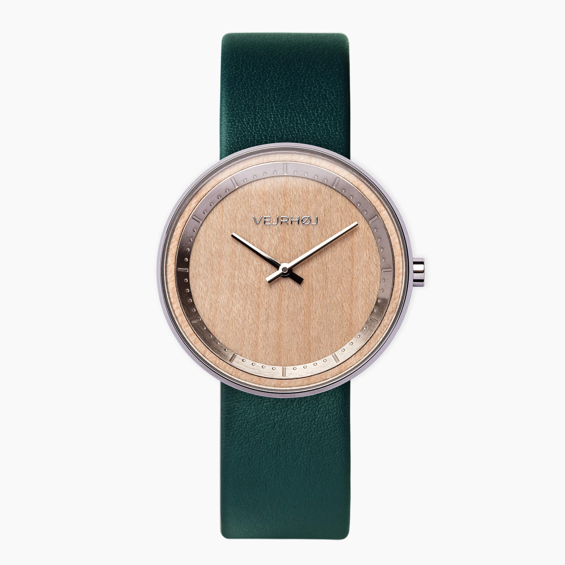 Simple, wooden watch with steel casing and green straps