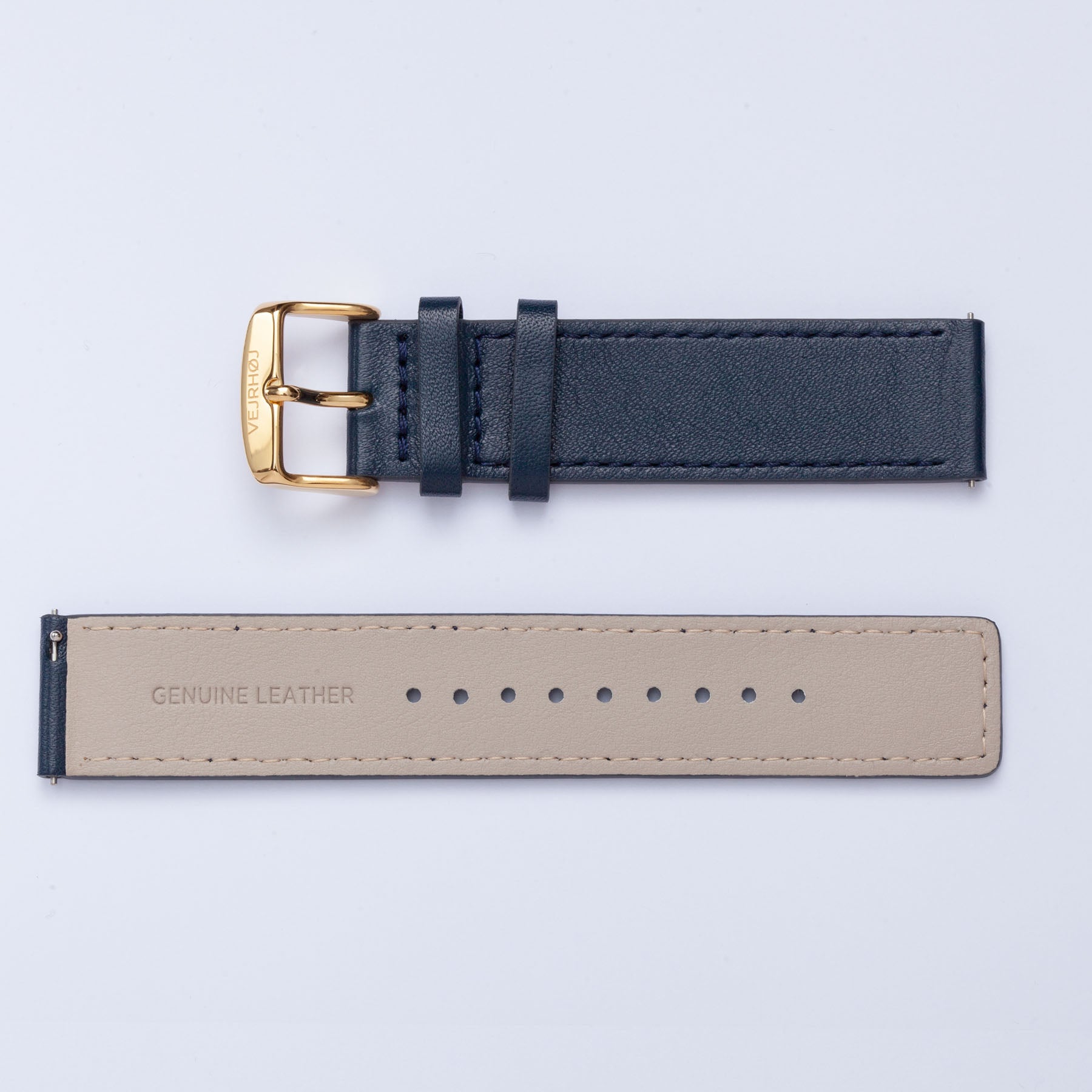 blue leather strap for men's watch with a gold buckle VEJRHØJ 