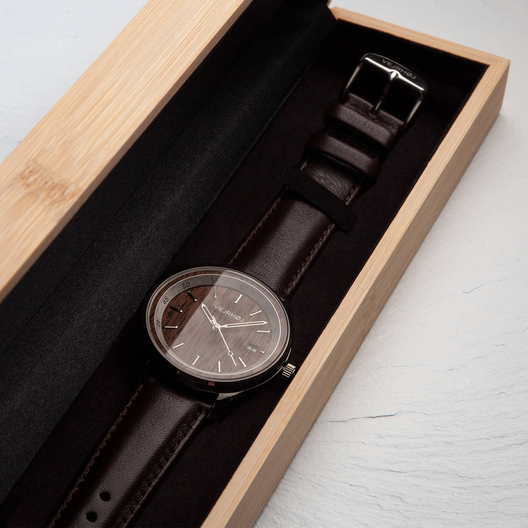 A04 automatic walnut wood watch from VEJRHØJ in a wooden box
