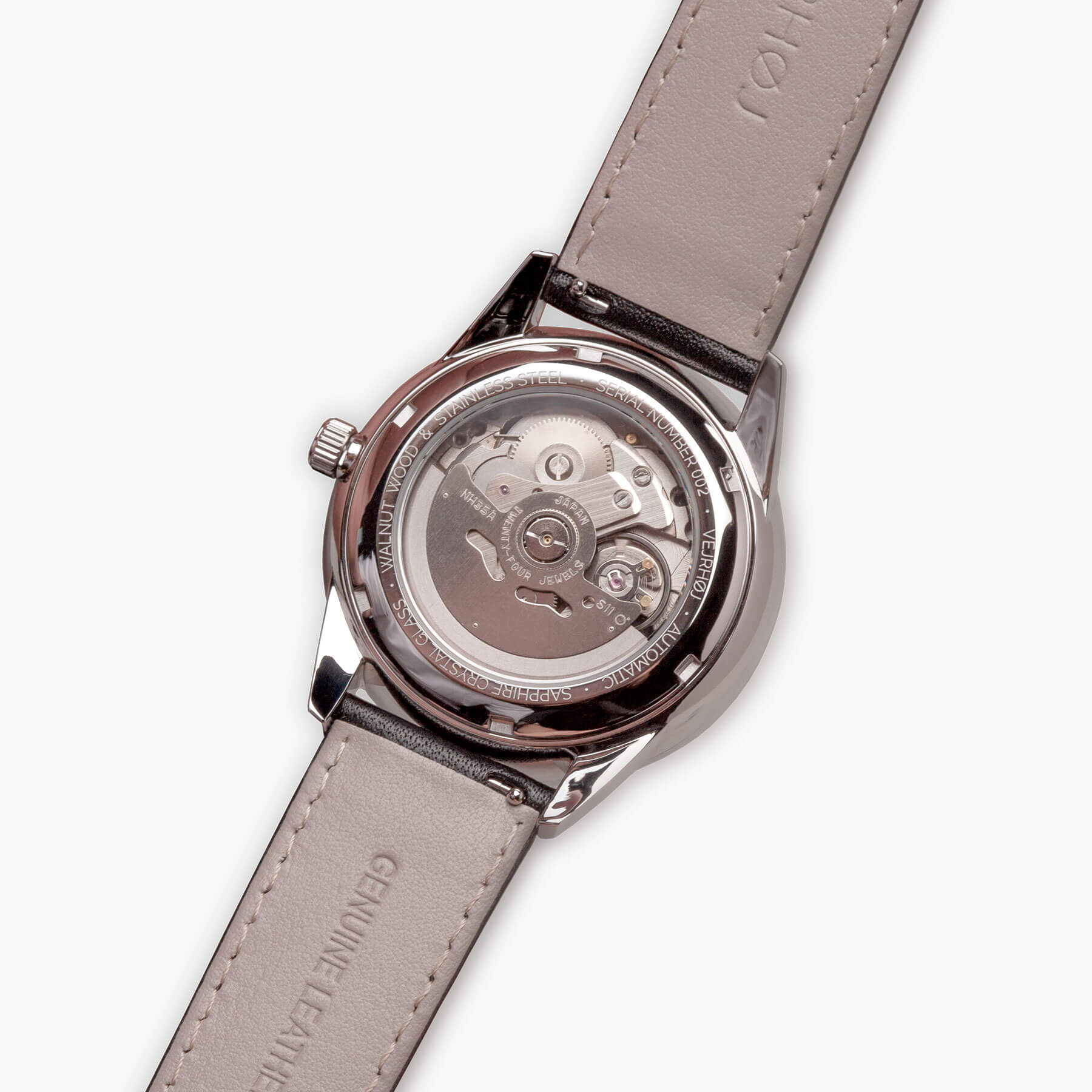 backside of black automatic wrist watch from Vejrhøj showcasing inner workings