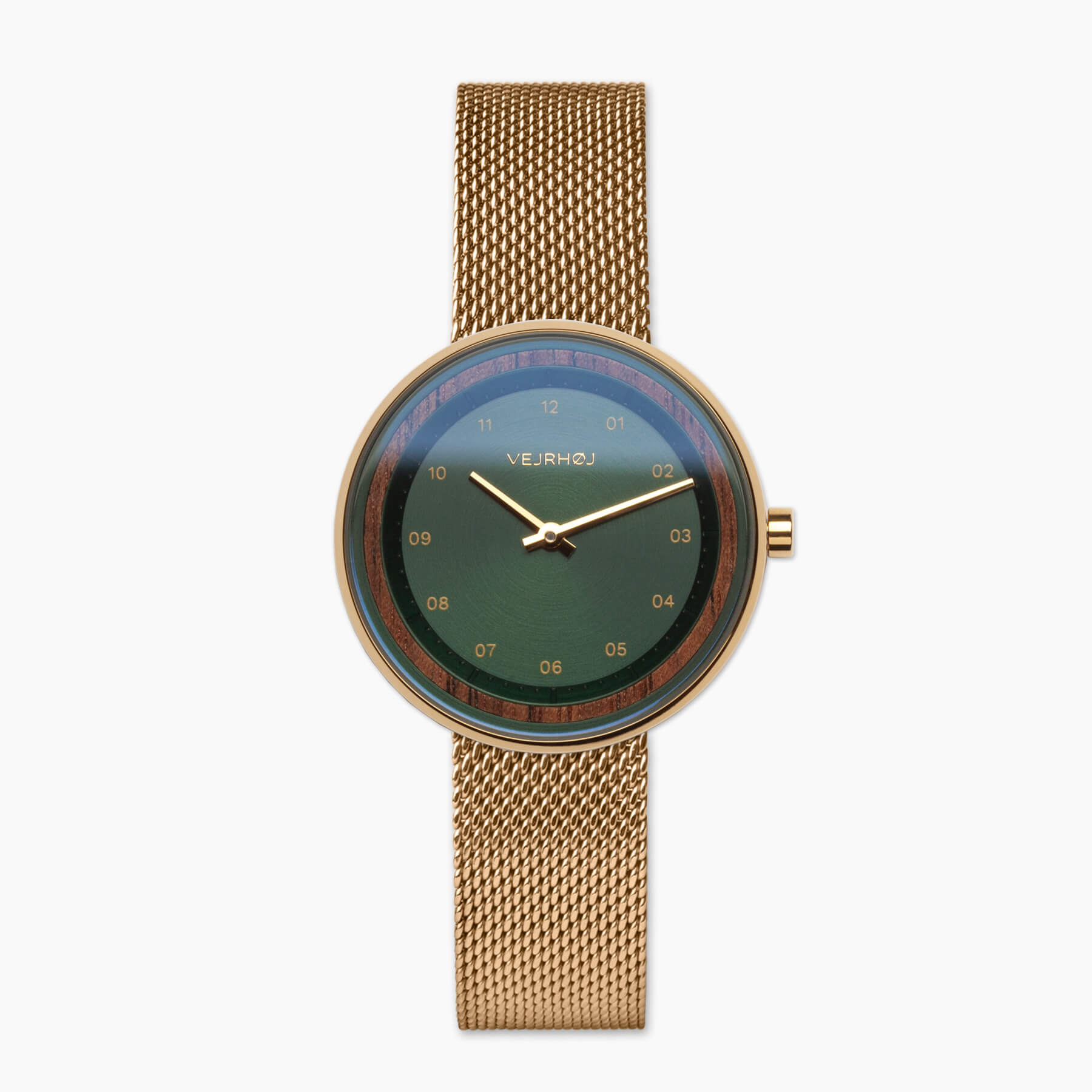 Green women's watch with a golden mesh band