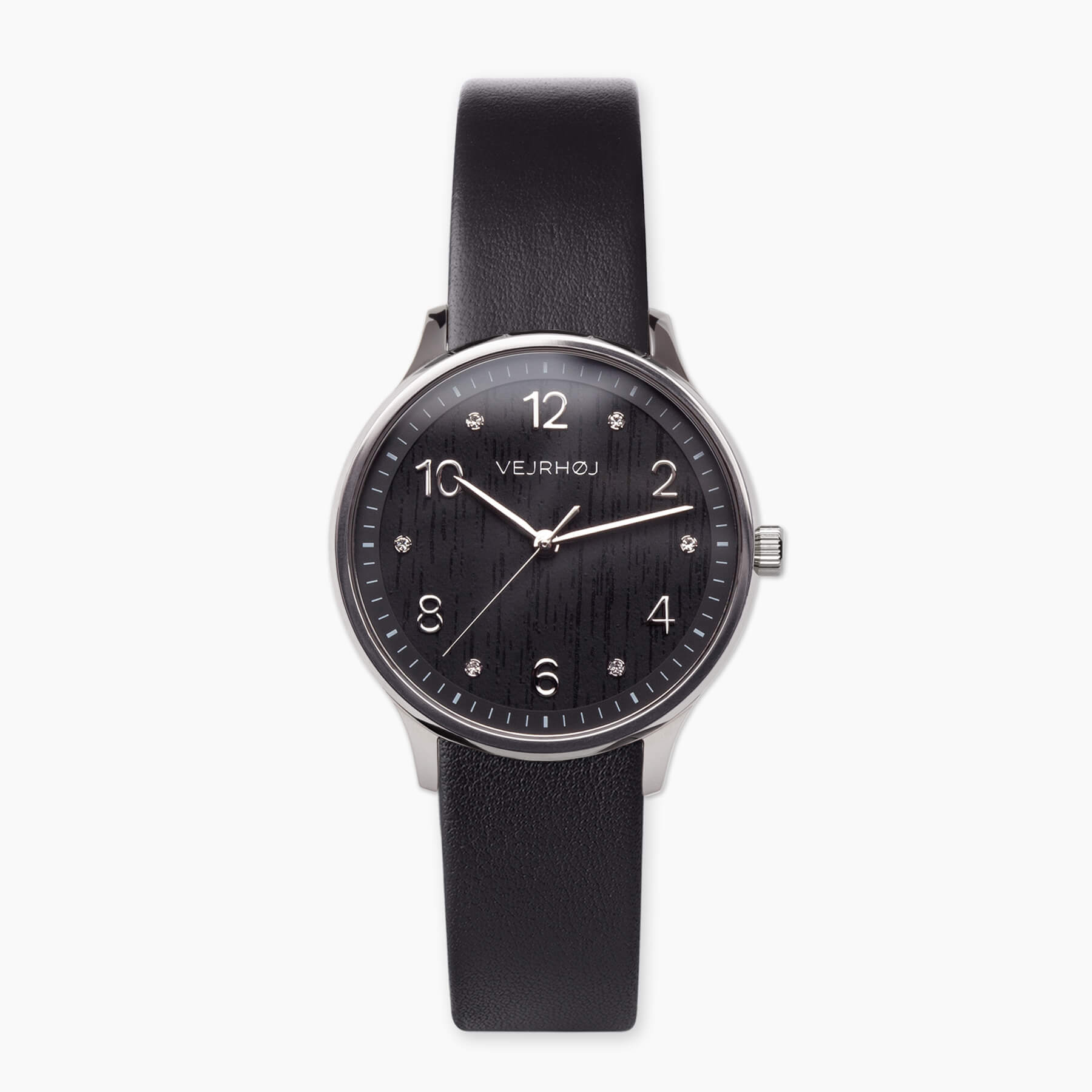 Vejrhøj's Royal Black featuring a wooden dial and a black strap on a white background