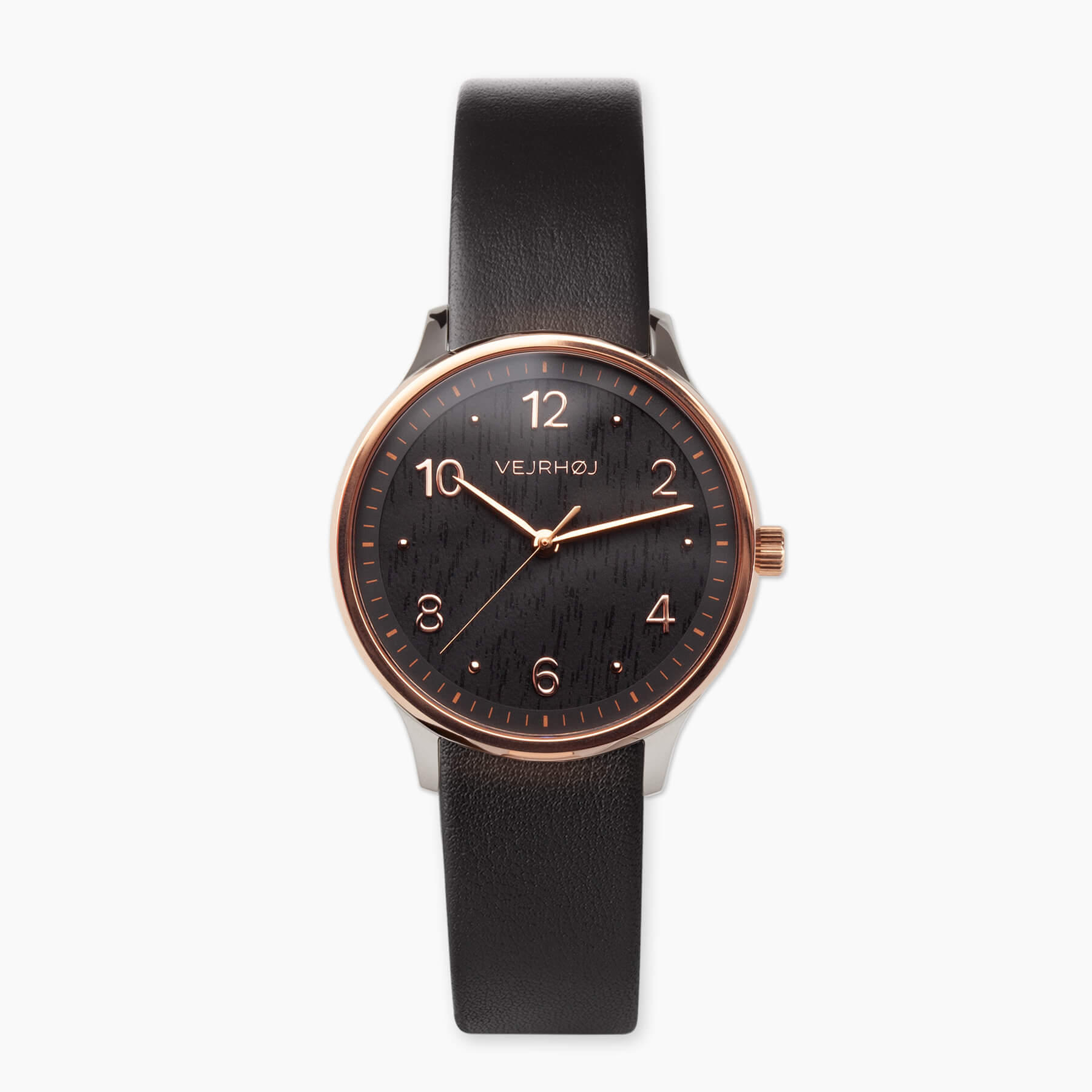 Vejrhøj's Petite Royal black rose featuring a dark stained walnut wood dial in a rose gold case.