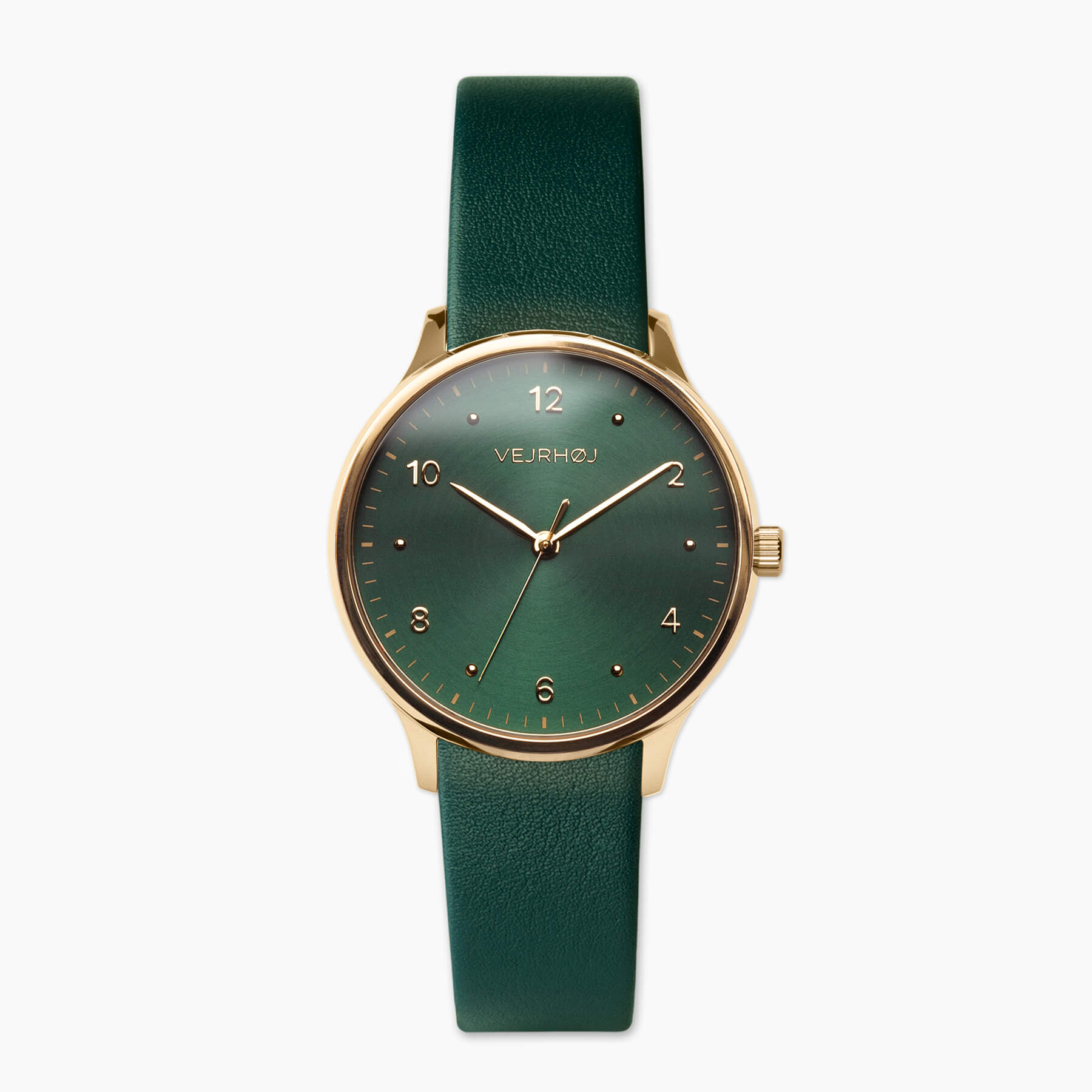 Vejrhøj | Petite Royal Green. It is a Green watch with gold case and circular  brushed green metal dial