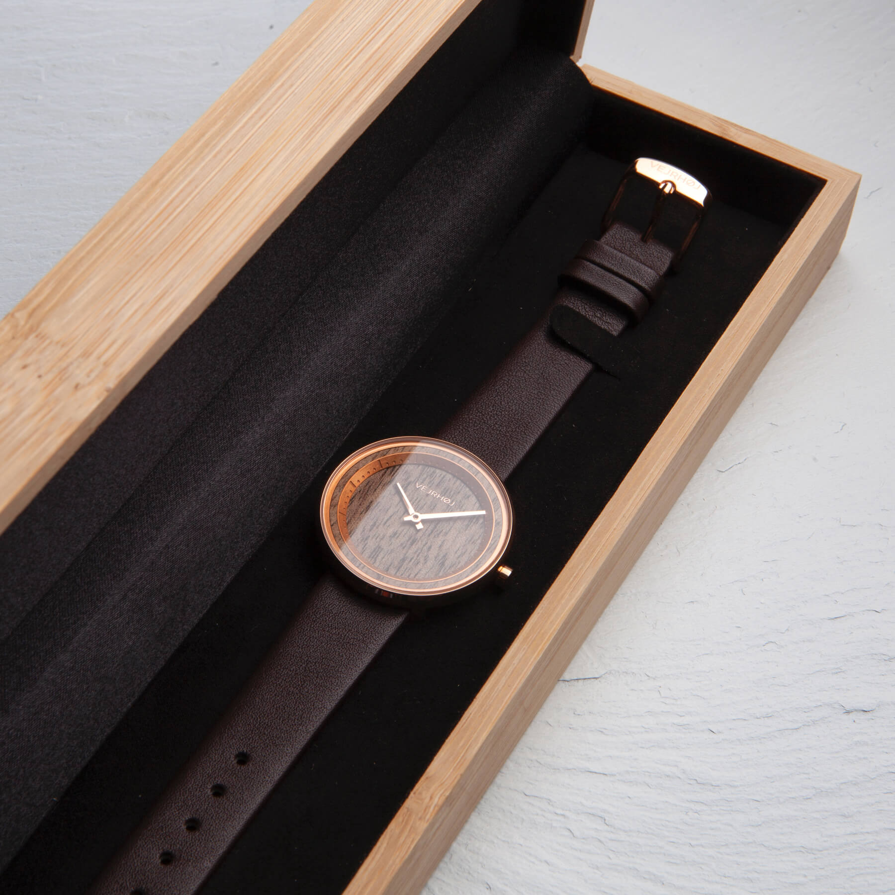 Elegant Wooden watch for women placed in a wooden box