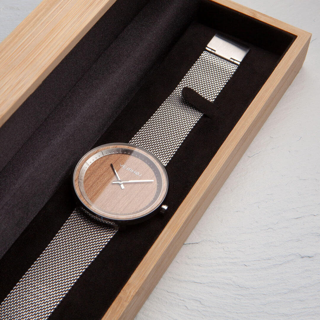 wooden watch made from cherry tree in wooden box