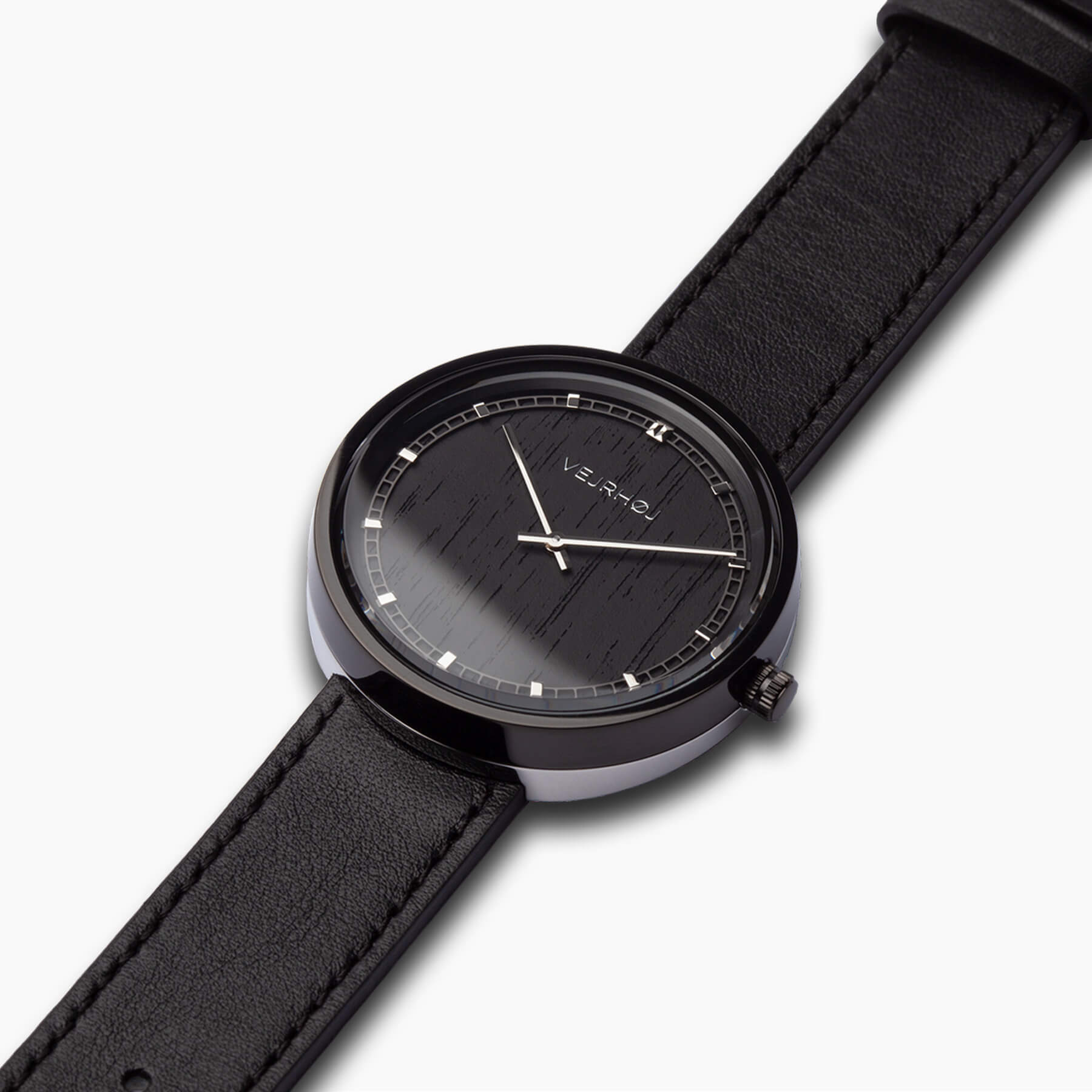 VEJRHØJ men's wooden watch with black dial and silver hands