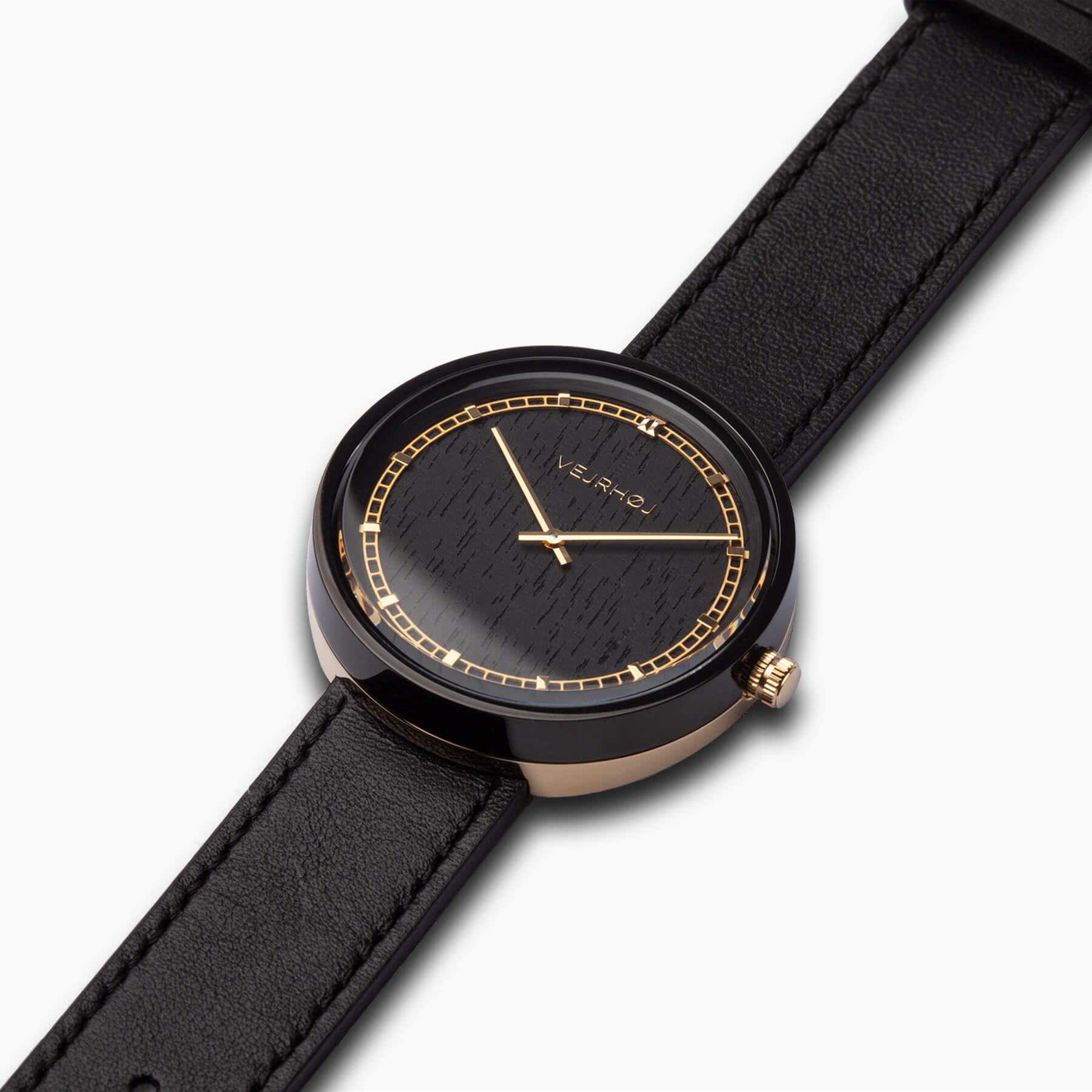 VEJRHØJ men's wooden watch with black dial and golden hands