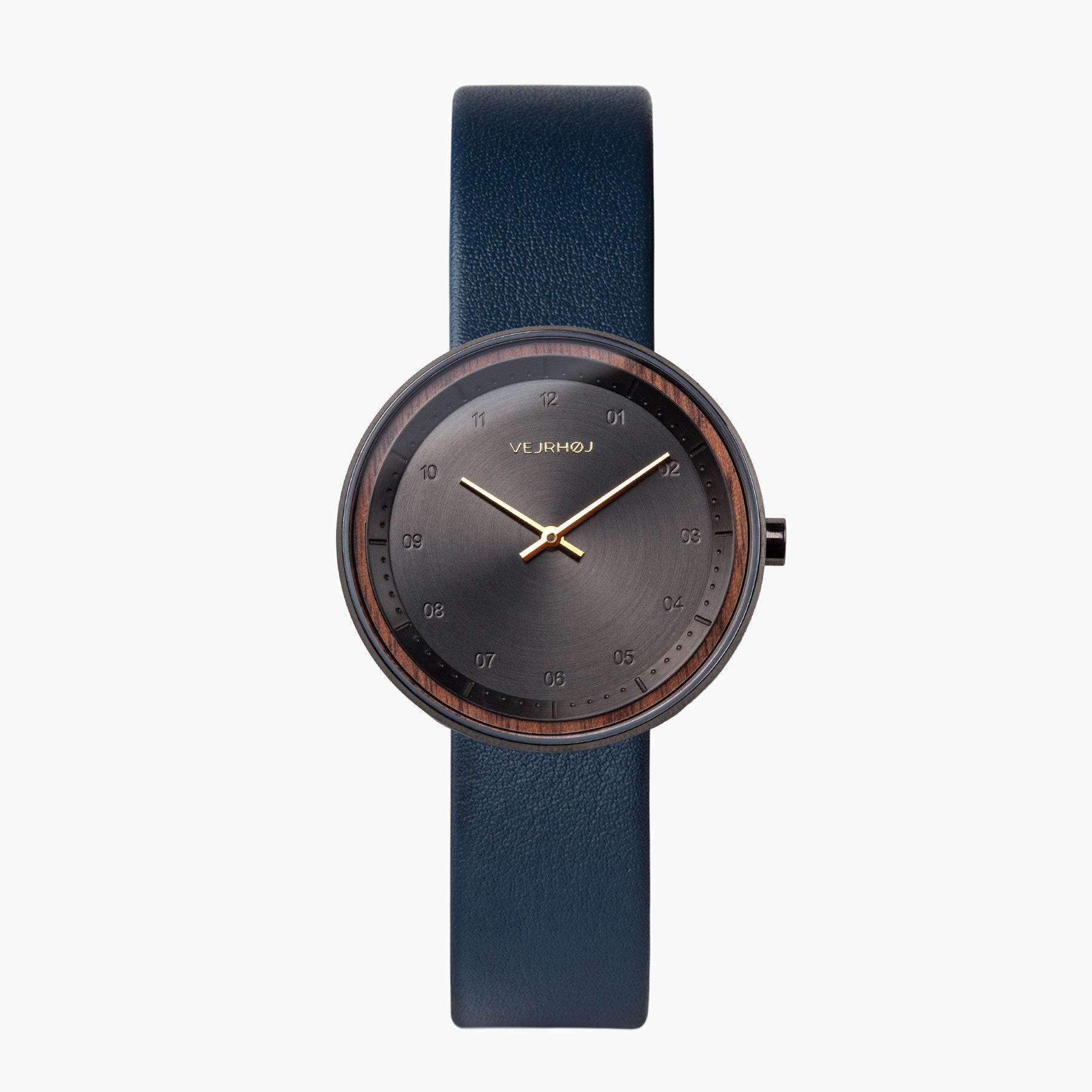 Petite black watch with wooden ring surrounding dial with blue straps