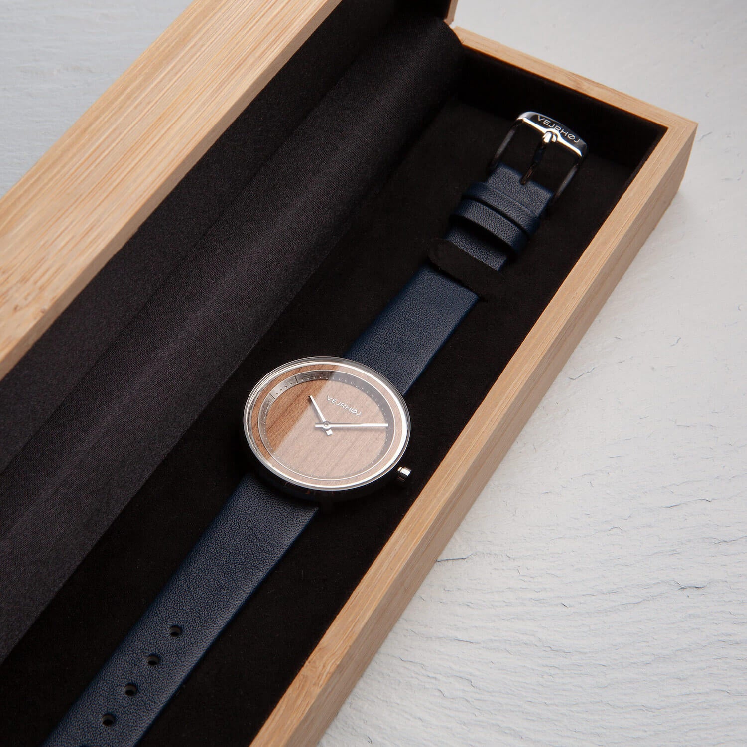 Womens wood watch with a blue strap