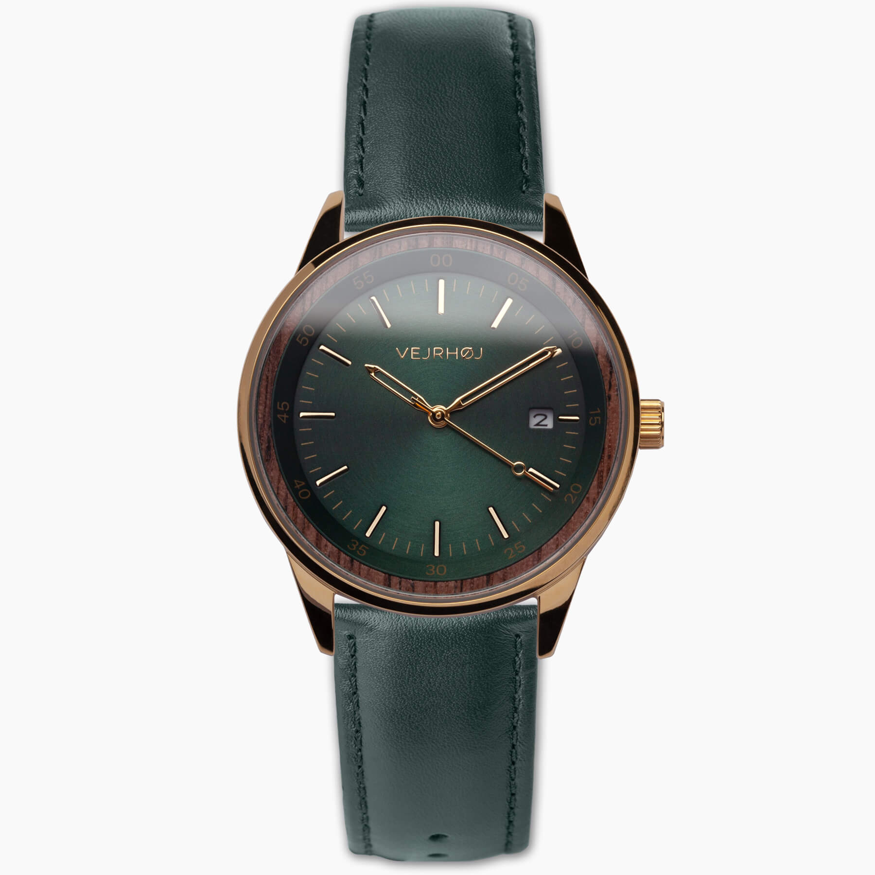 Green automatic wrist watch with green straps and golden hands from the watchmaker VEJRHØJ