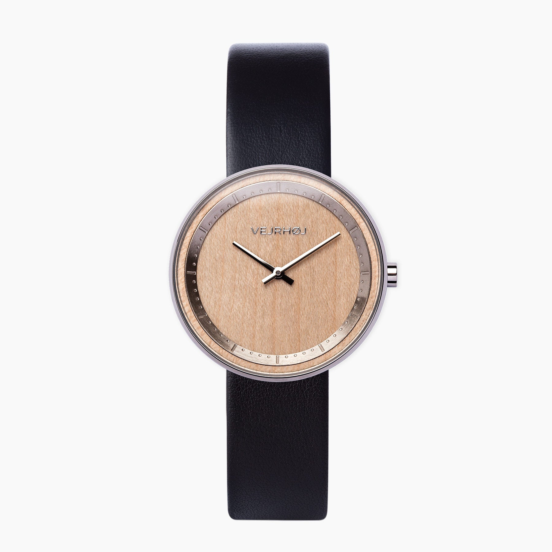 Wooden watch made from maple wood with black straps and steel hands
