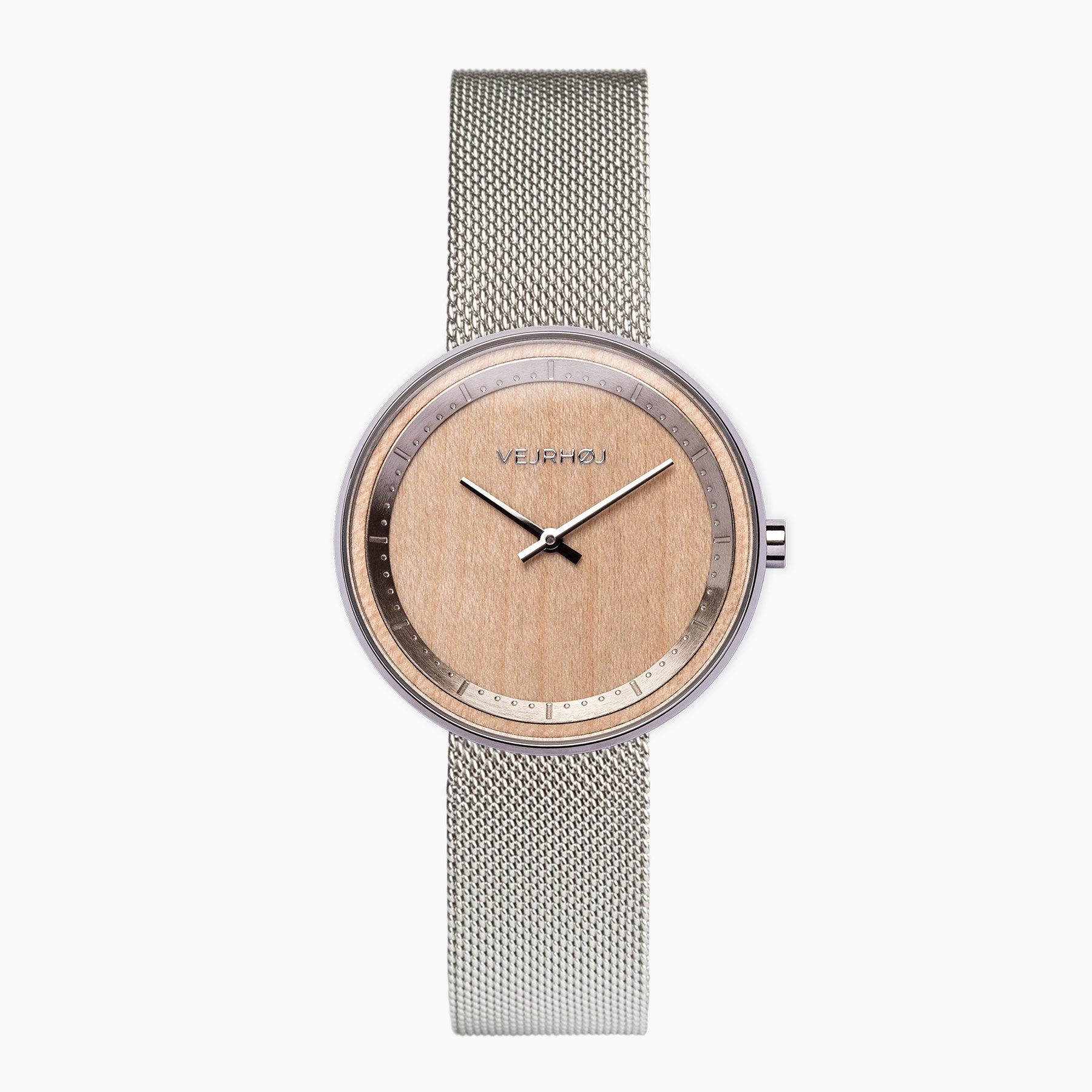 Wooden watch with steel casing and steel mesh band