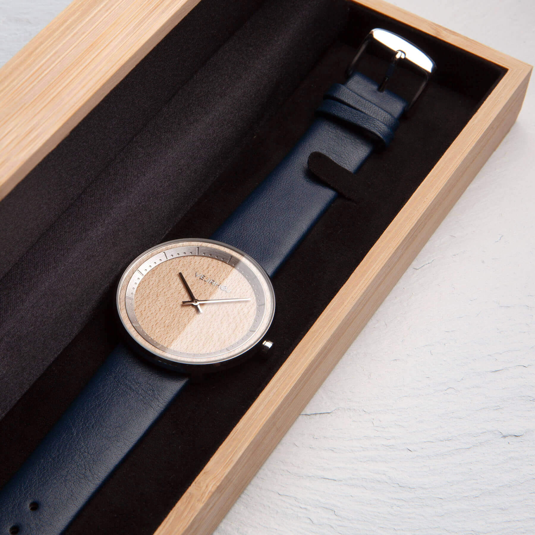 Maple wood watch with a blue strap in a box  | VEJRHØJ