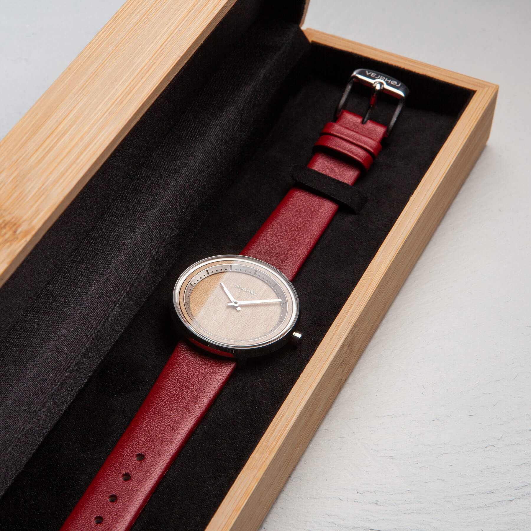wood watch for women with red strap in box