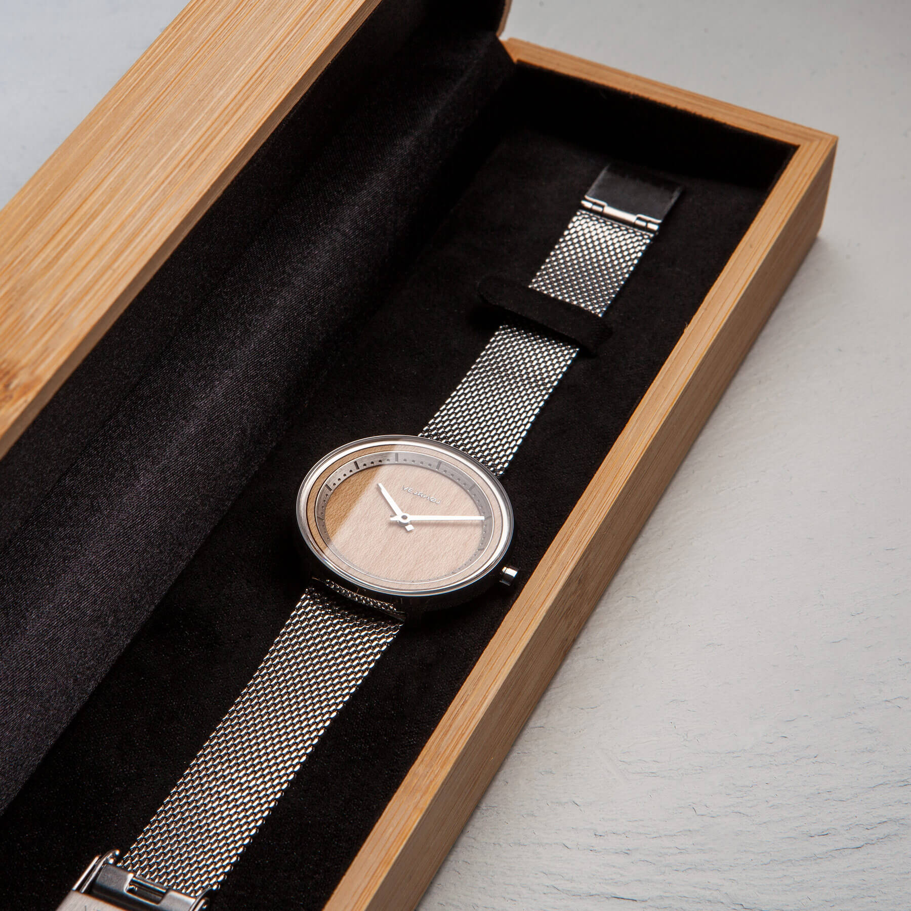 34mm female wood watch with silver mesh band